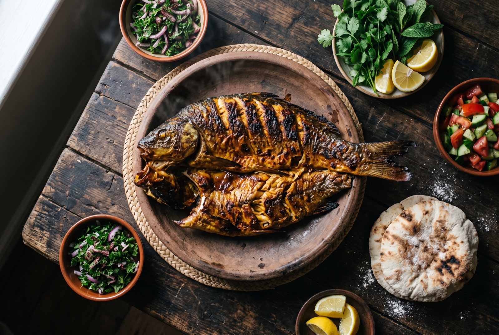 A whole carp split flat and grilled, skin blistered and flesh stained gold with turmeric, served on a board with onion and lemon