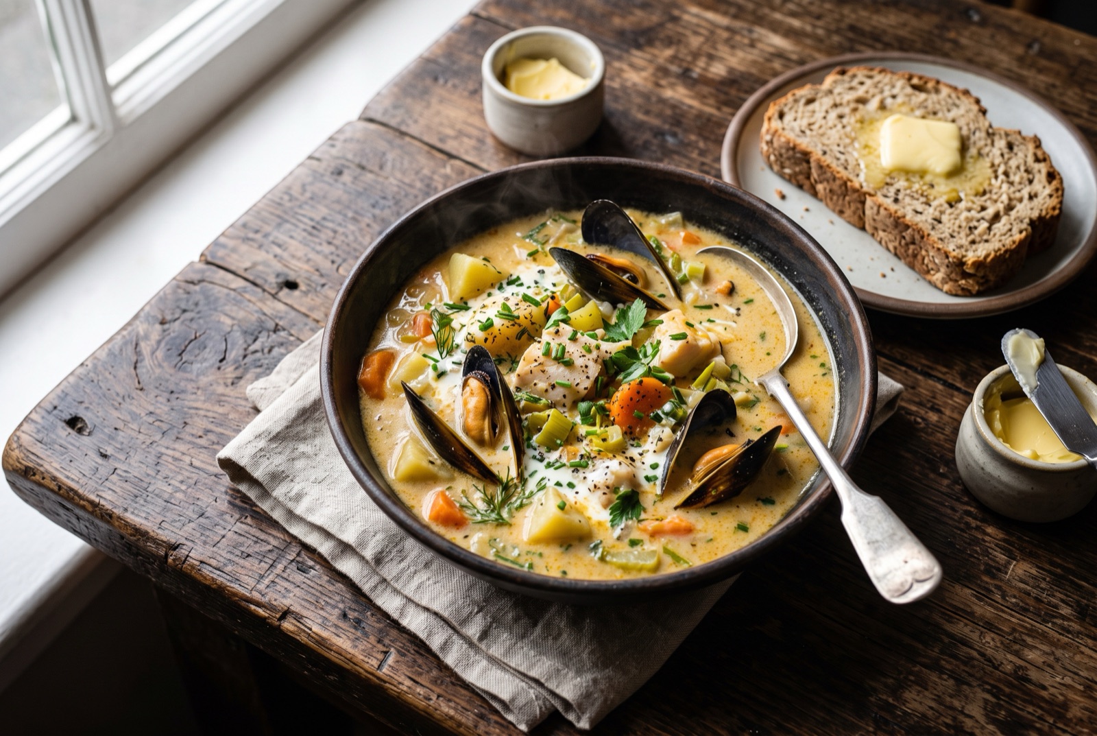 Deep bowl of creamy Irish seafood chowder with mussels in the shell, fish flakes, potato and parsley