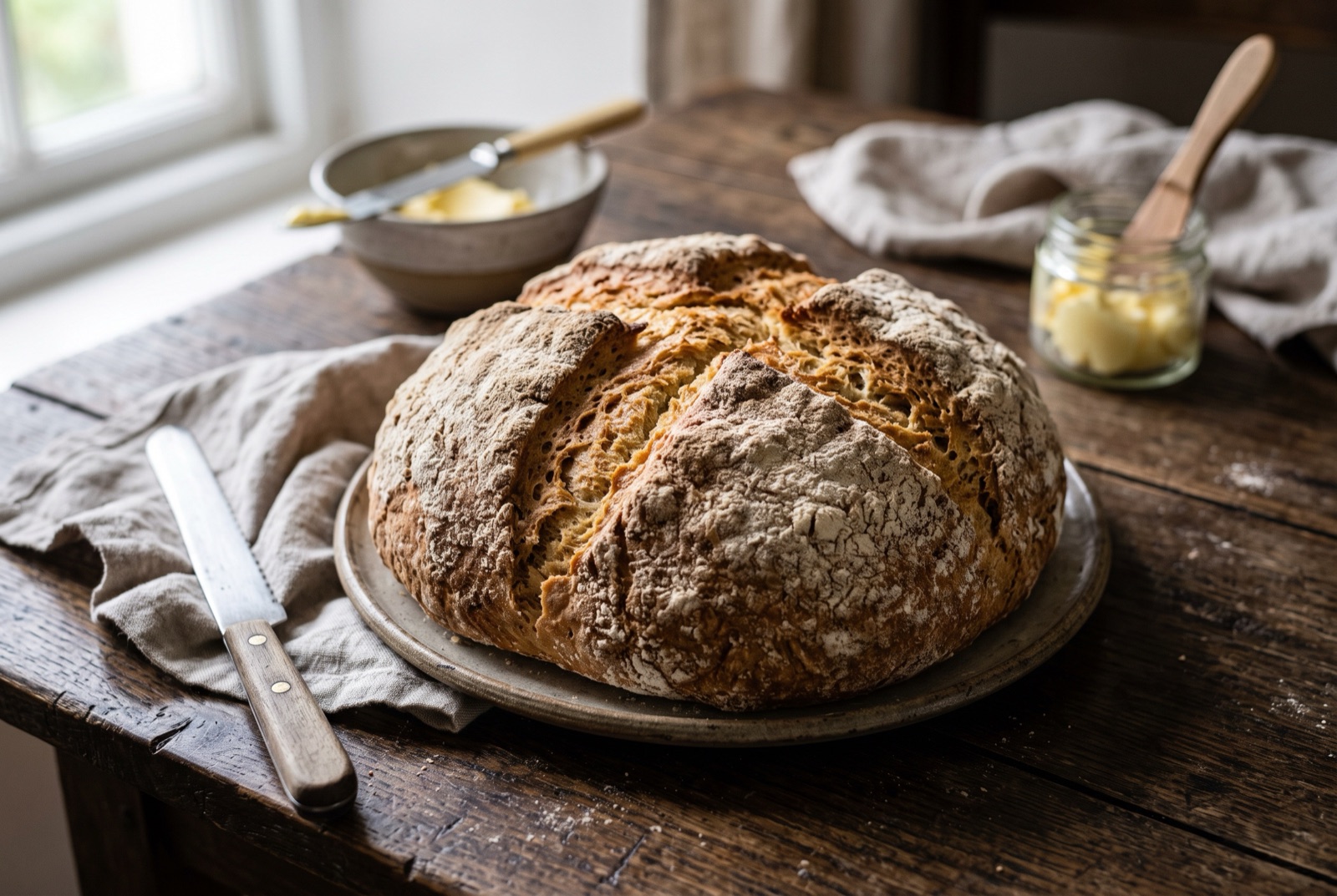 Round brown soda bread loaf with a deep cross cut across the floury top, one quarter torn off
