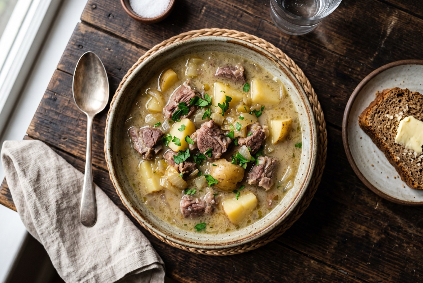 Deep bowl of Irish stew with bone-in lamb, whole potatoes and onion in a pale cloudy broth
