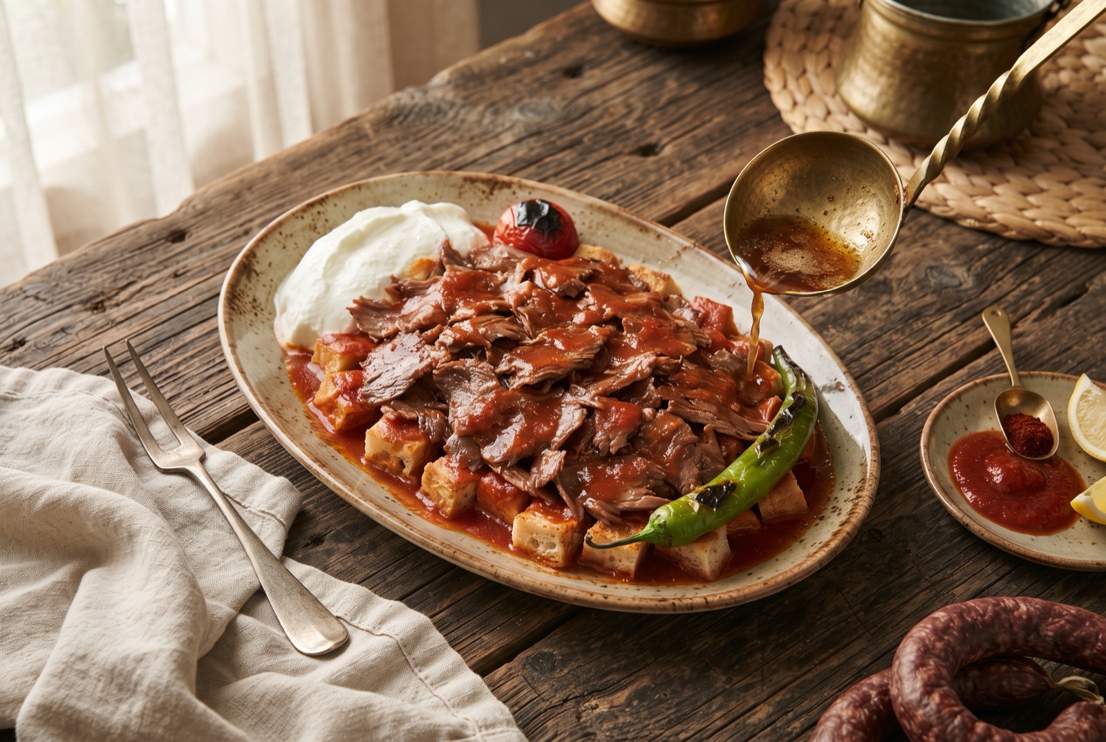 Plate of İskender kebap with sliced lamb over bread cubes, red tomato sauce, melted butter and yogurt on the side