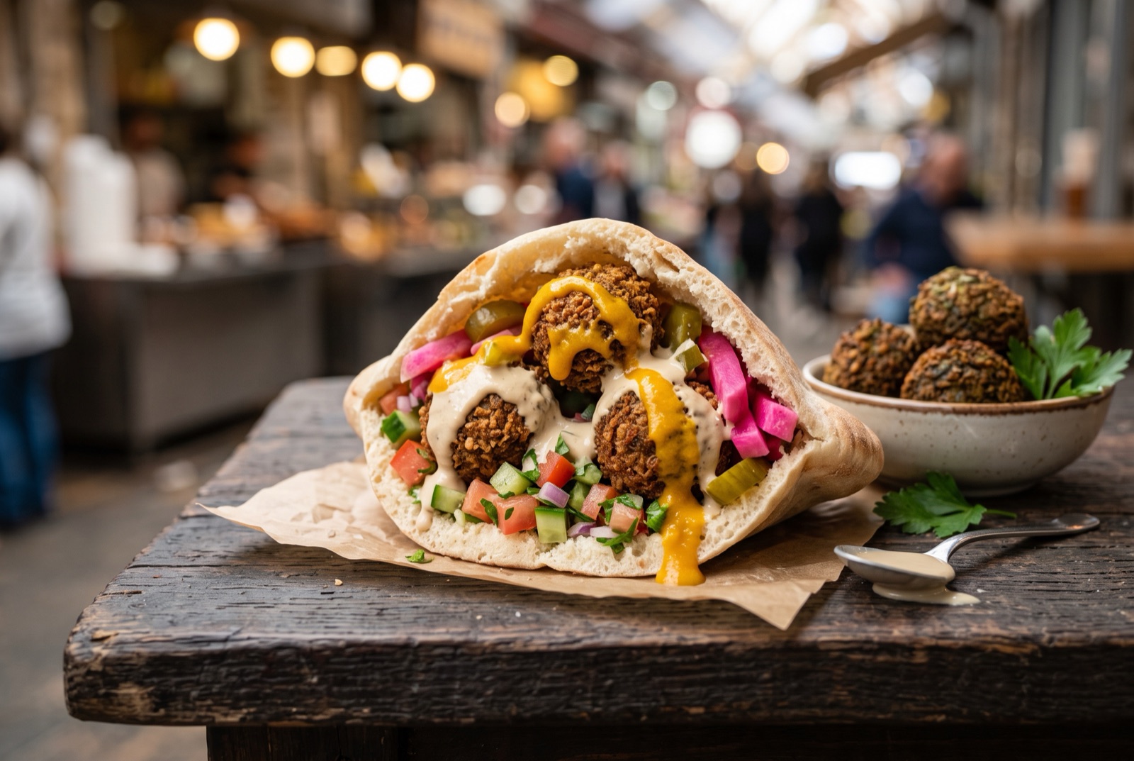 Open pita packed with dark-crusted falafel balls, chopped salad, pickles and drizzles of tahini and yellow amba