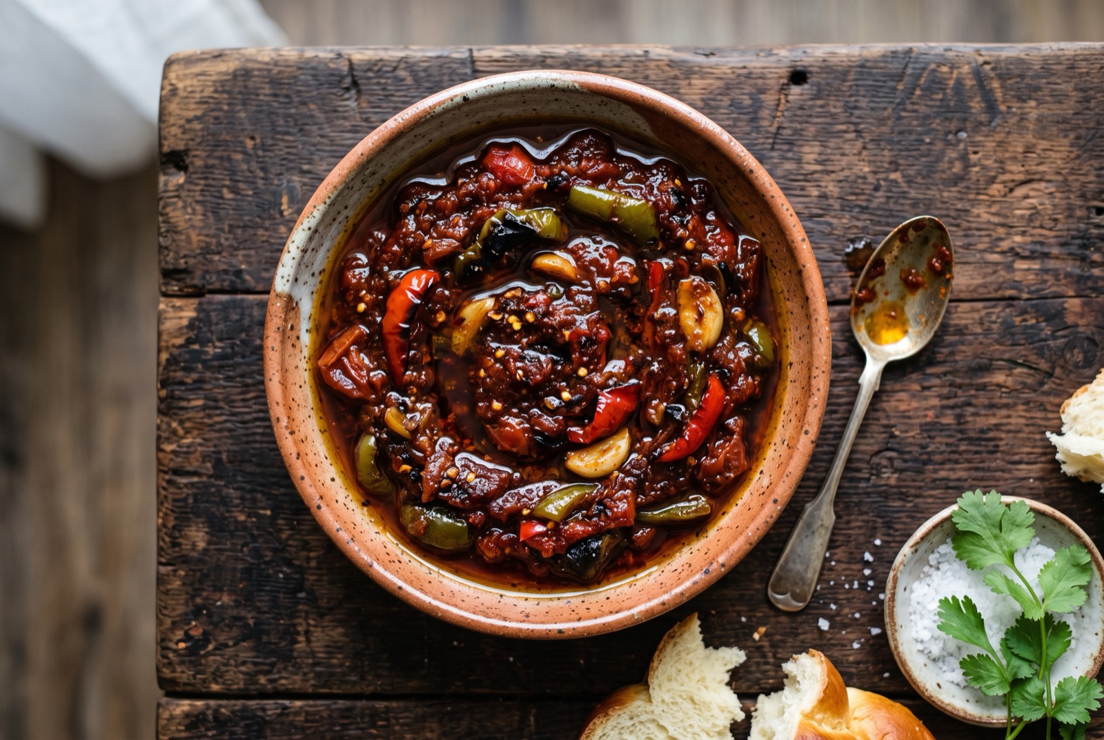Shallow dish of dark red matbucha, thick with peeled pepper strips and slicked with olive oil, bread alongside