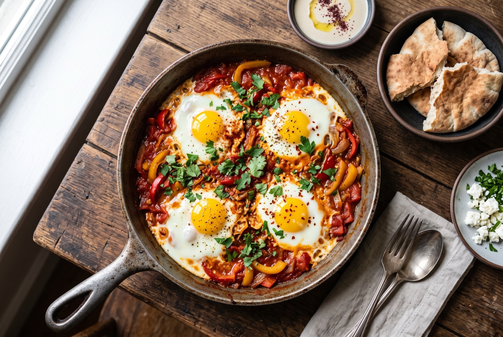 Skillet of thick red pepper and tomato sauce with six poached eggs, crumbled feta and chopped parsley