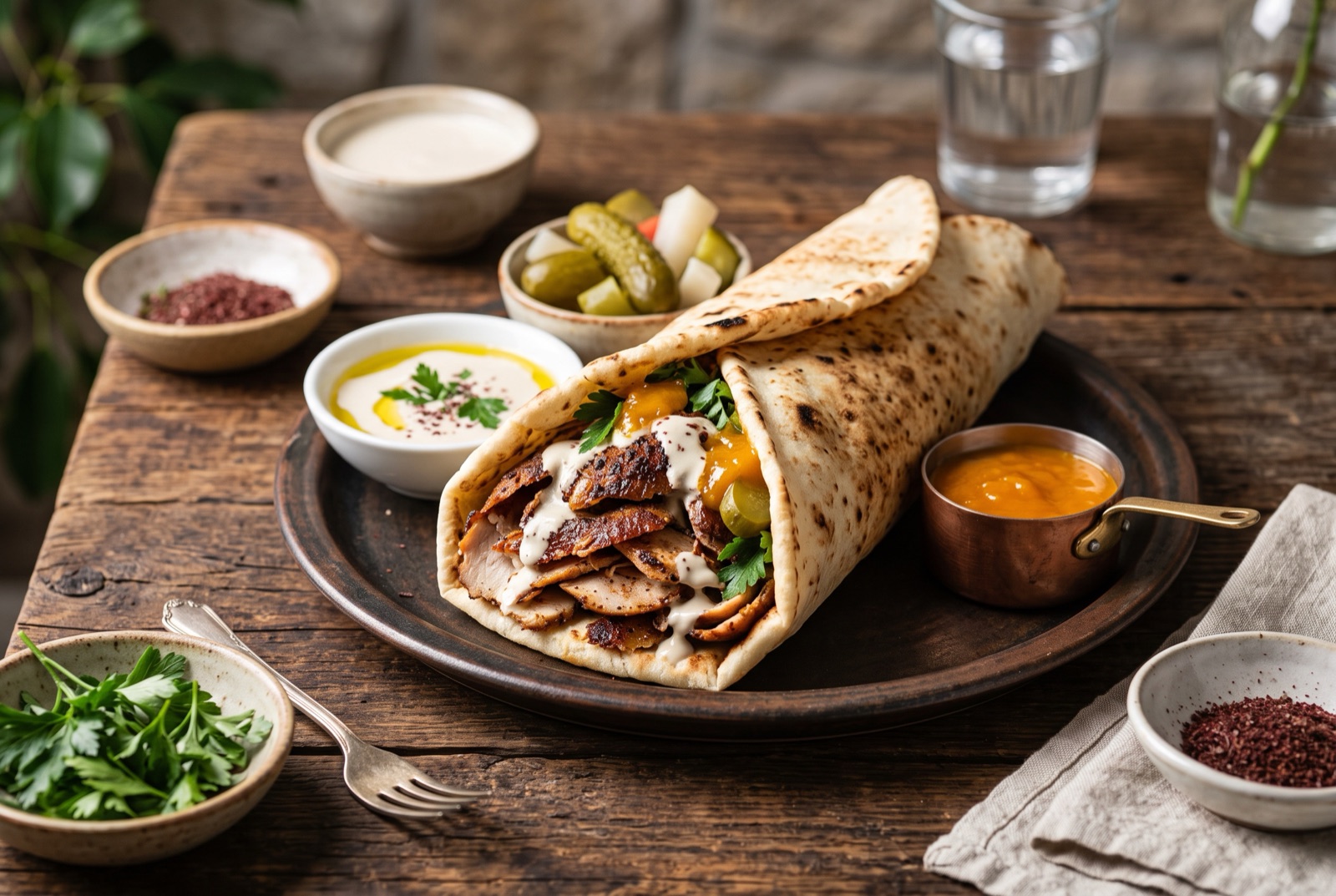 Shaved spiced turkey shawarma piled into an open laffa flatbread with tahini, chopped salad, pickles and amba