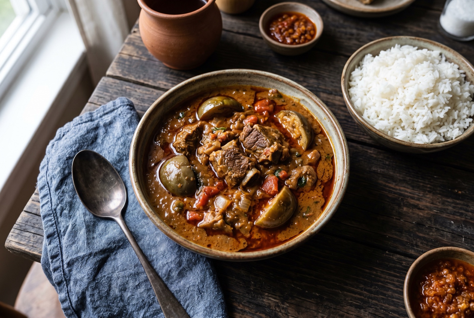 Thick brown groundnut stew with beef cubes and aubergine, served beside a mound of white rice