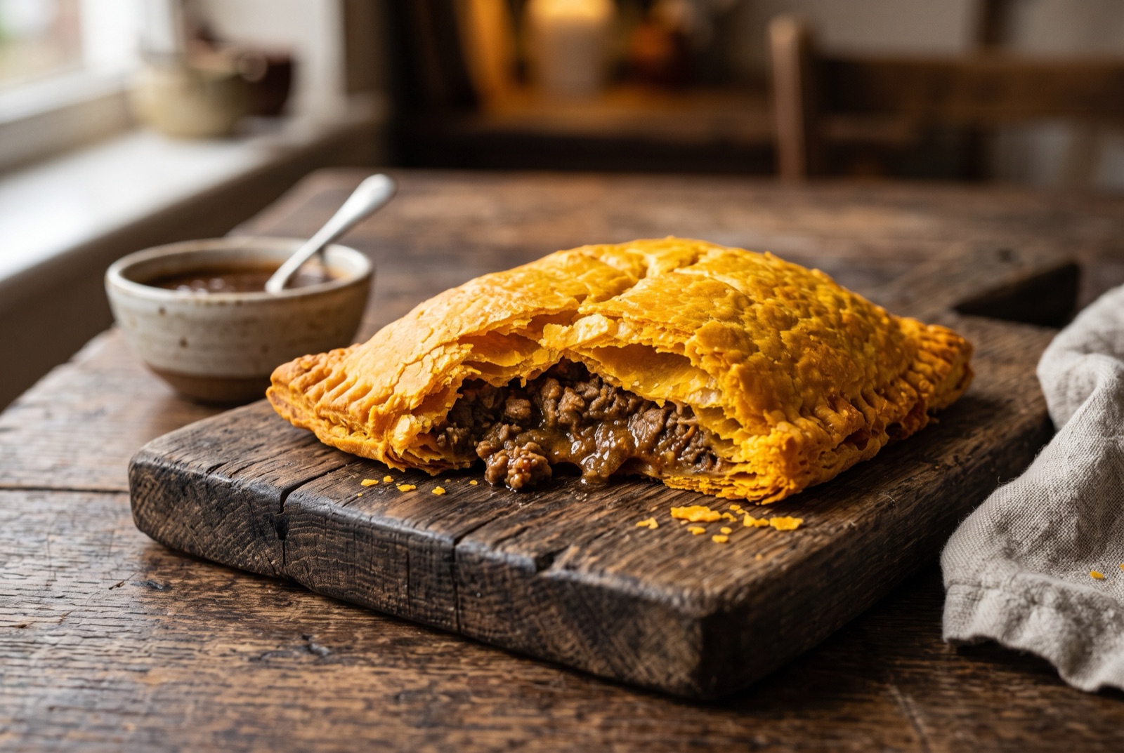Golden half-moon Jamaican beef patties with flaky turmeric pastry, one broken open showing spiced beef filling
