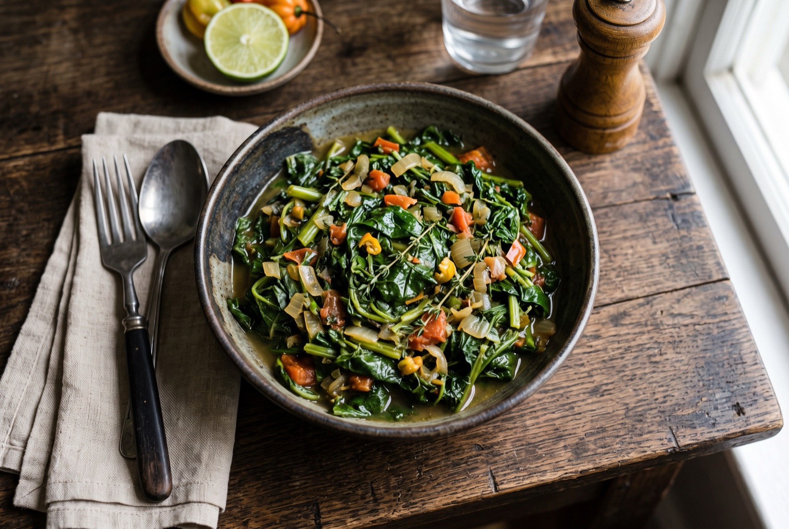 Pan of glossy dark green steamed callaloo greens with softened onion slices, tomato and thyme