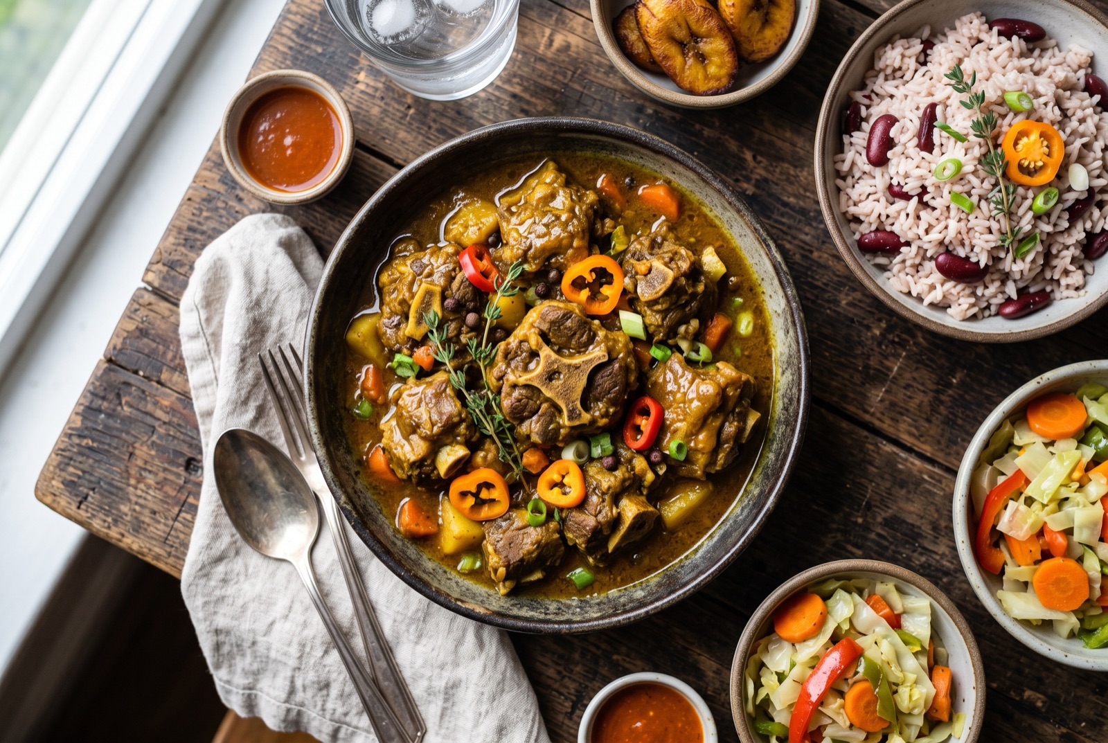 Bone-in curry goat in golden gravy with potato chunks in a black Dutch pot, thyme on the side