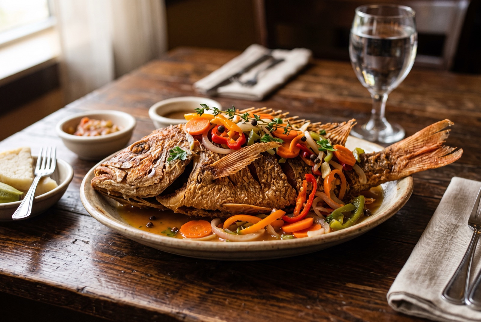 Whole fried snapper topped with pickled carrot slivers, onion rings and sliced Scotch bonnet in vinegar dressing