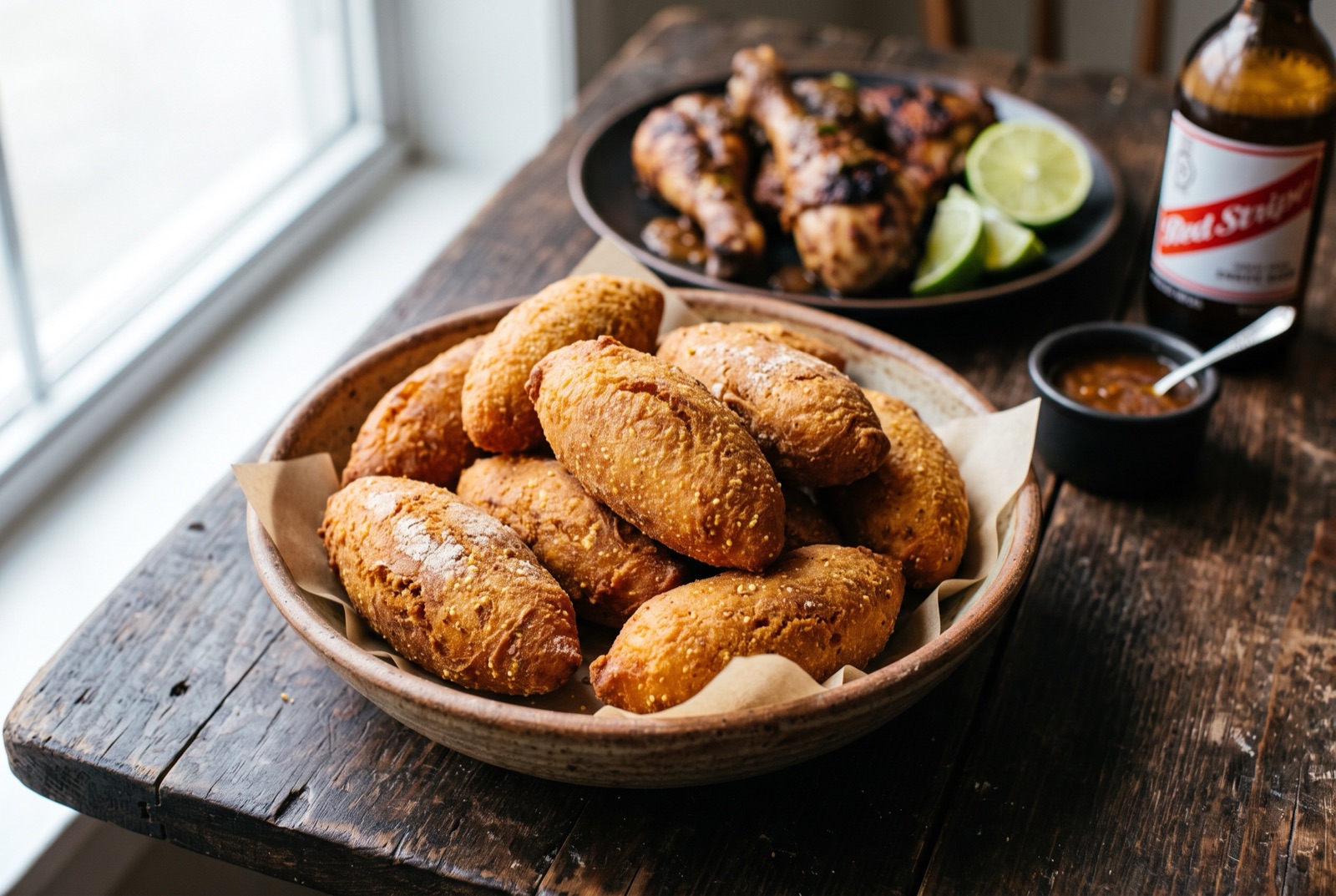 Golden fried festival dumplings piled on brown paper, one broken open showing a soft cornmeal interior