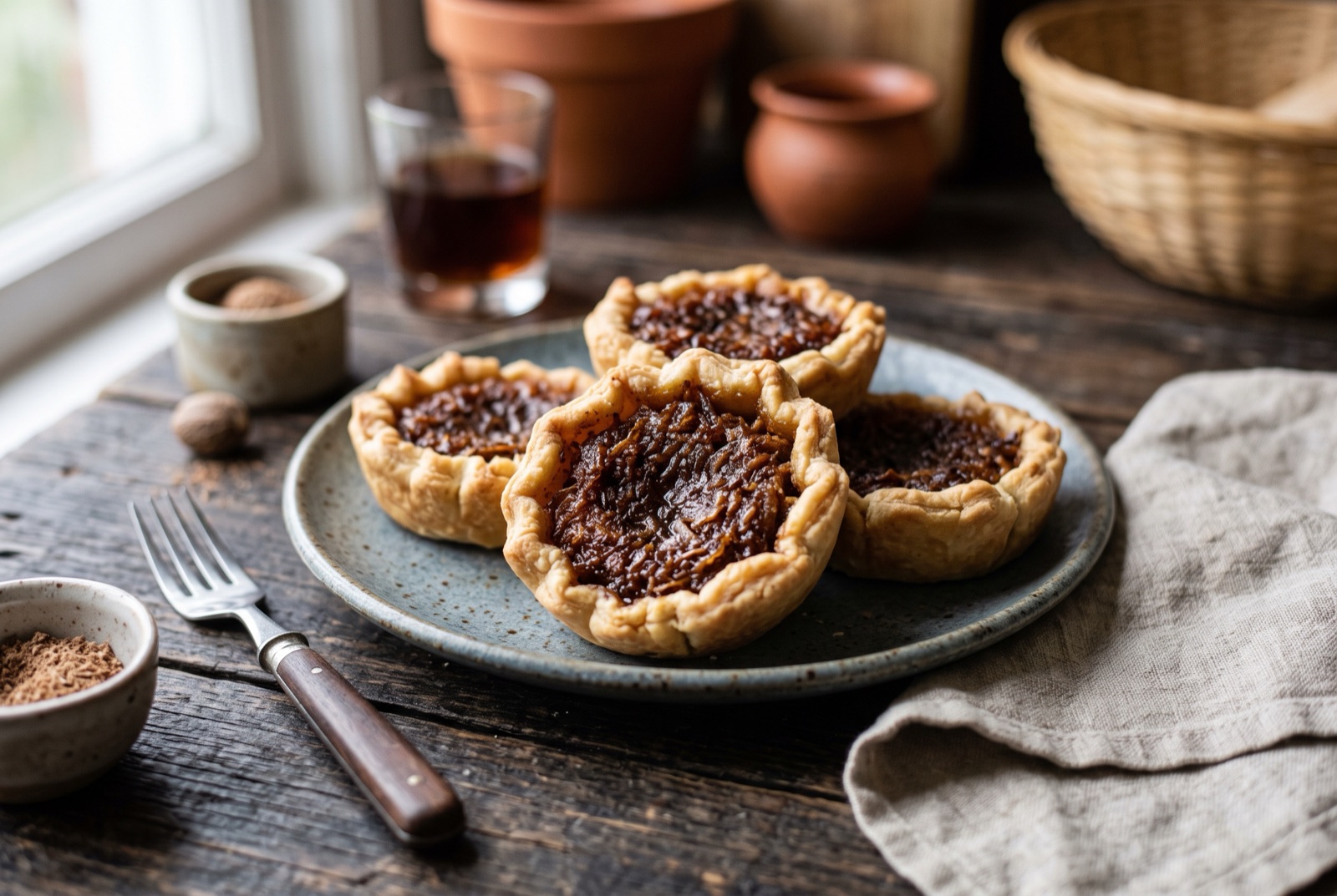 Small crimped coconut tarts with dark sticky grated coconut filling cooling on a wire rack