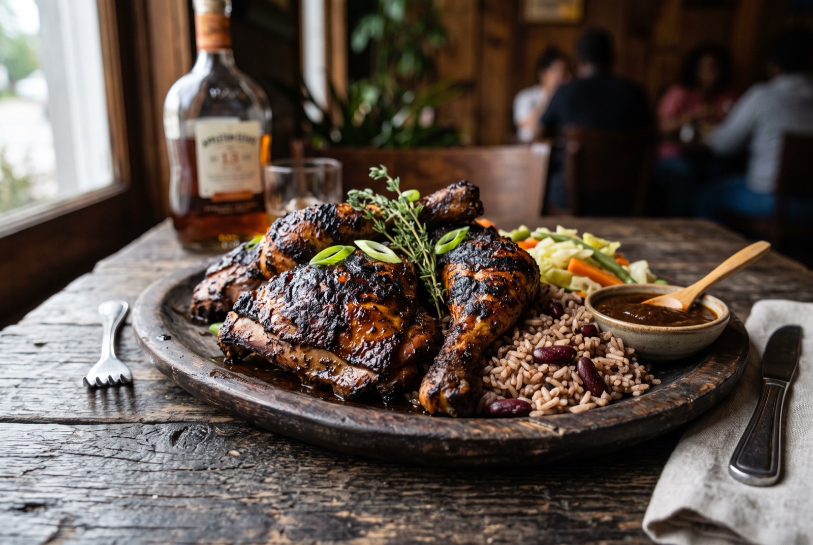 Charred jerk chicken pieces on a smoky grill grate with thyme sprigs and Scotch bonnet peppers alongside