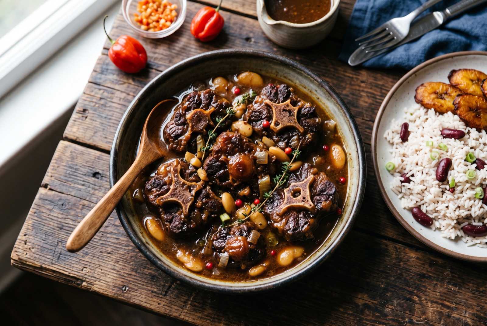 Dark braised oxtail pieces with butter beans and carrots in glossy brown gravy in a cast iron pot