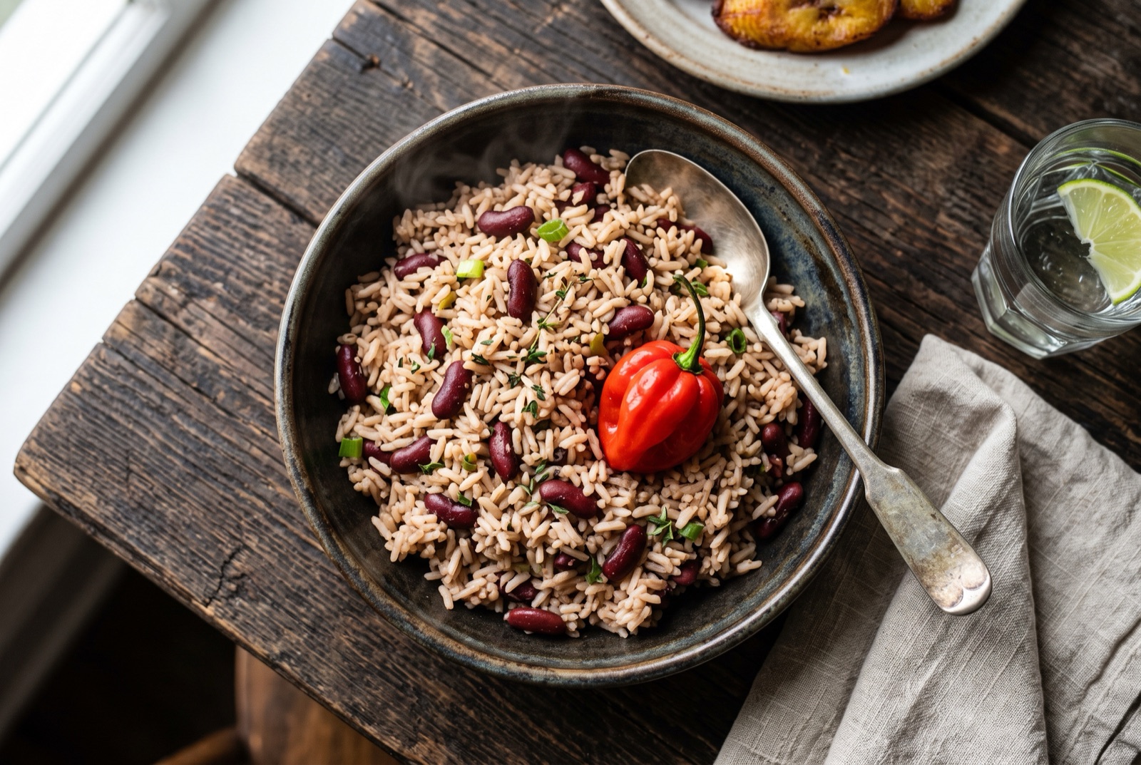 Pot of pink-tinted coconut rice studded with red kidney beans, thyme sprigs and a whole Scotch bonnet on top