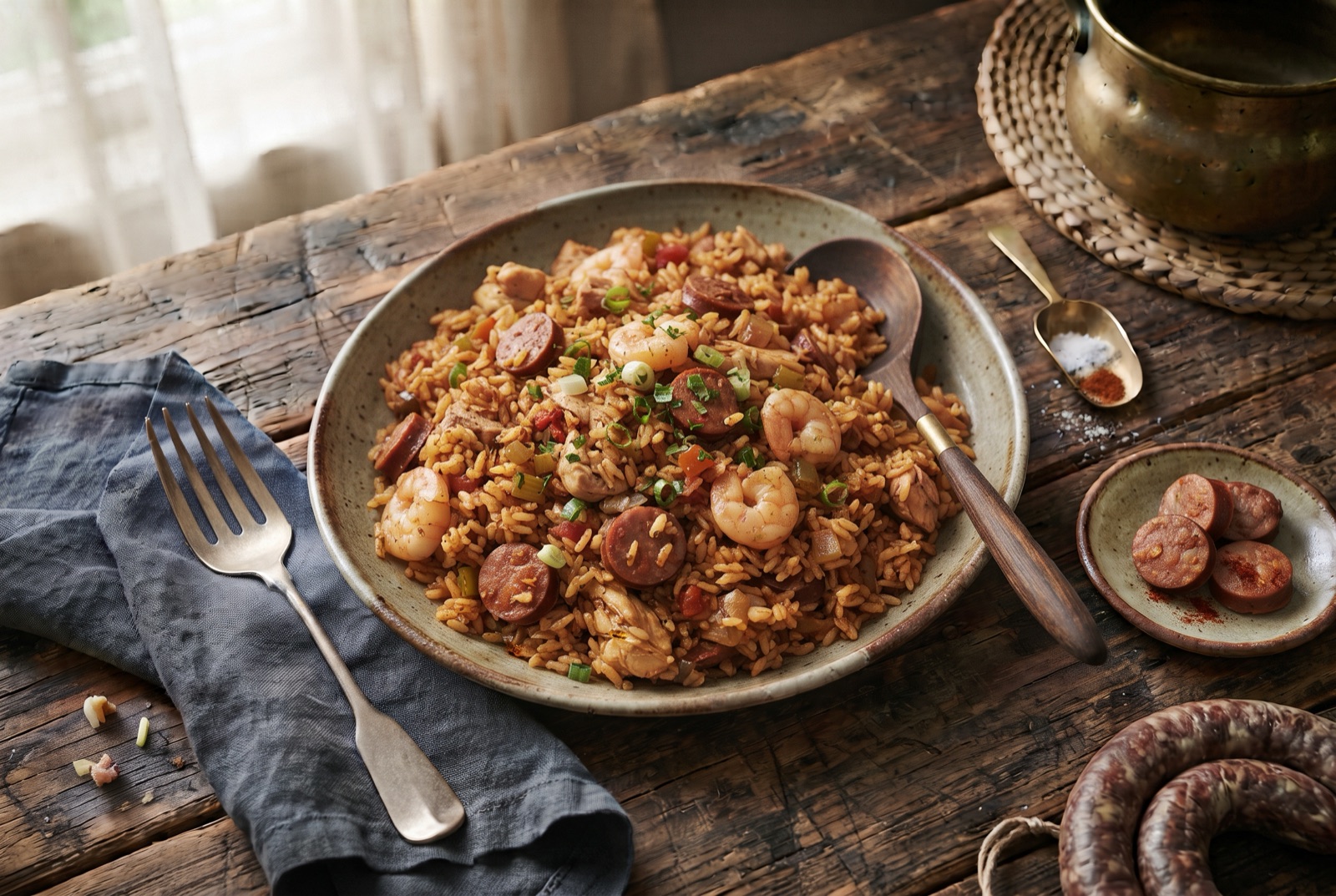 Cast-iron pot of orange-red jambalaya rice studded with andouille coins, chicken and pink shrimp, scattered with sliced scallions
