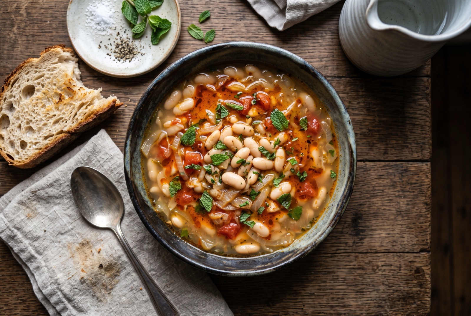 Bowl of Albanian white bean stew with a slick of orange paprika oil, chopped parsley and bread beside it