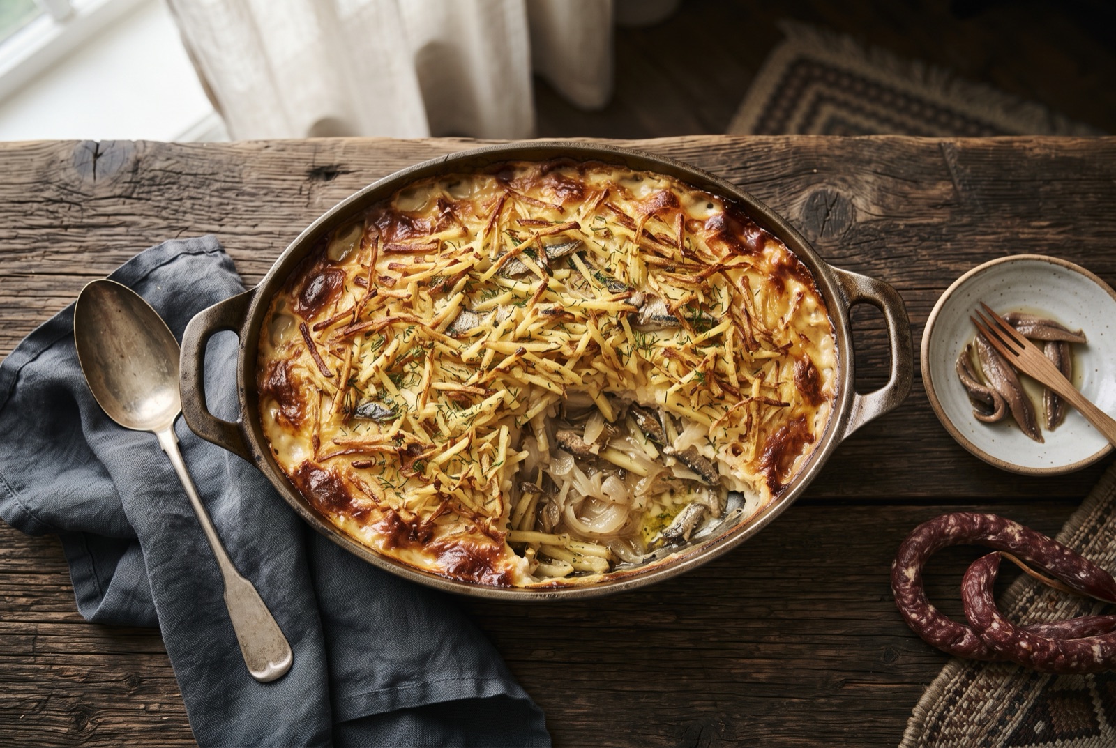 Baked Janssons frestelse in a dish, bronzed potato matchsticks in cream with a serving spoon lifted out