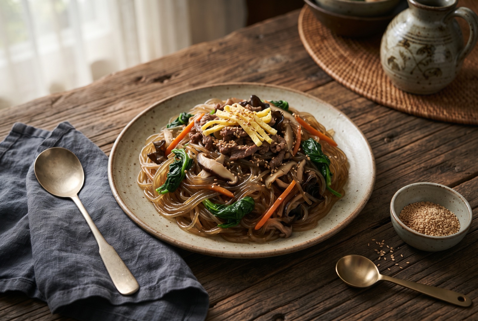 Platter of japchae glass noodles tossed with spinach, carrot matchsticks, mushrooms, beef strips and egg ribbons
