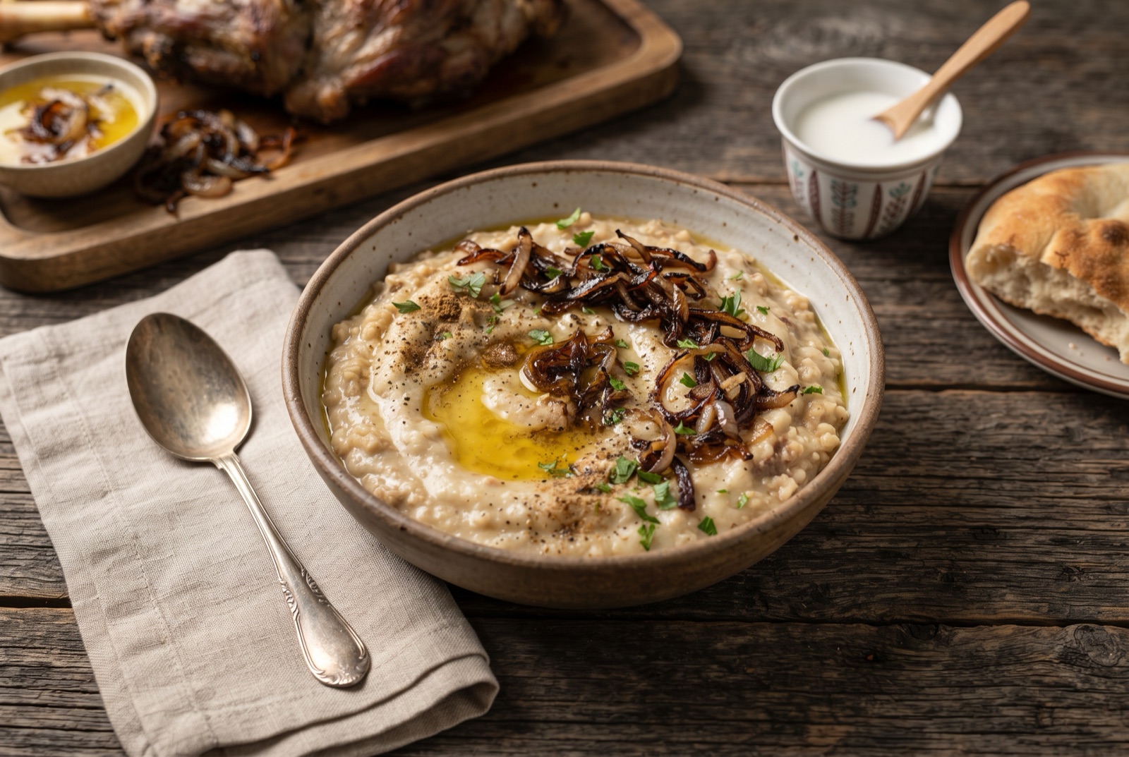 Wide bowl of Saudi jareesh — creamy pale crushed-wheat porridge with shredded lamb, topped with deep brown fried onions in melted ghee