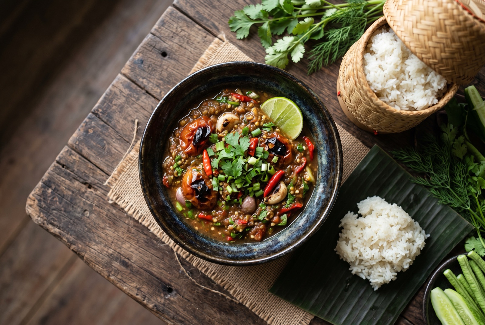 Bowl of smoky Lao roasted tomato chili dip flecked with charred skin, coriander and chile beside sticky rice