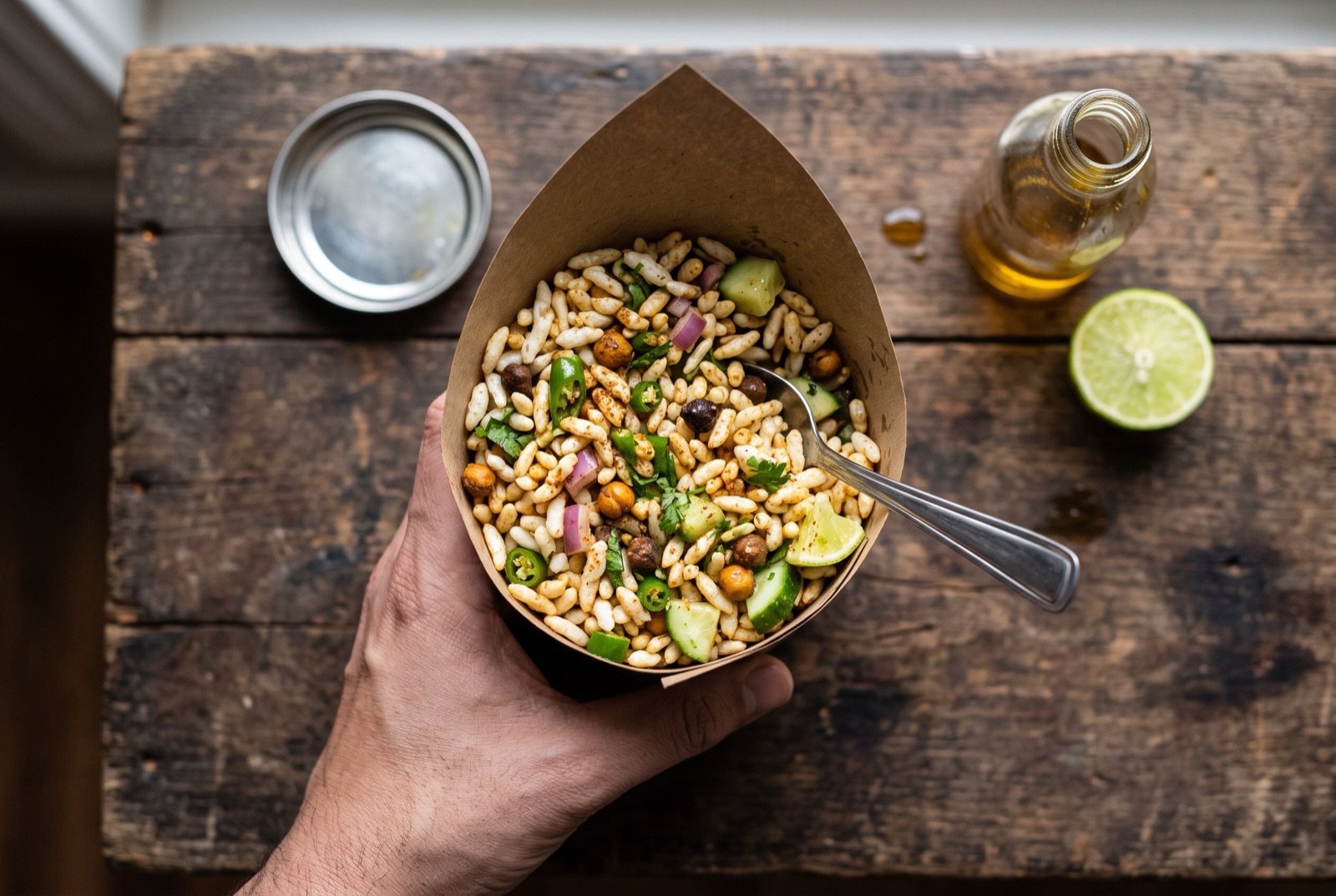 Paper cone of jhal muri — puffed rice tossed with chopped onion, green chile, cucumber and peanuts