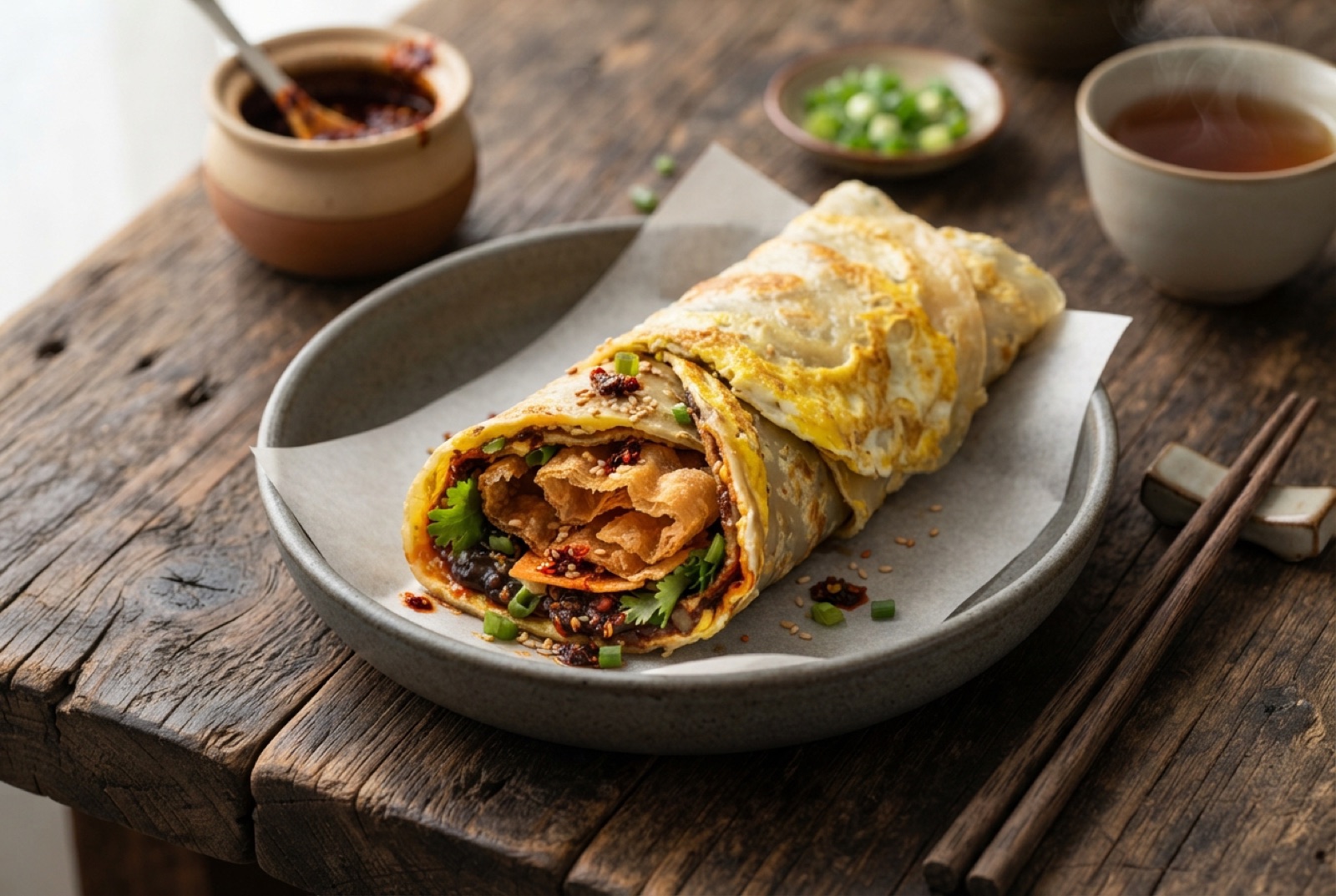 Folded jianbing crepe cut in half showing egg, scallion, dark bean sauce and a sheet of crisp fried cracker inside