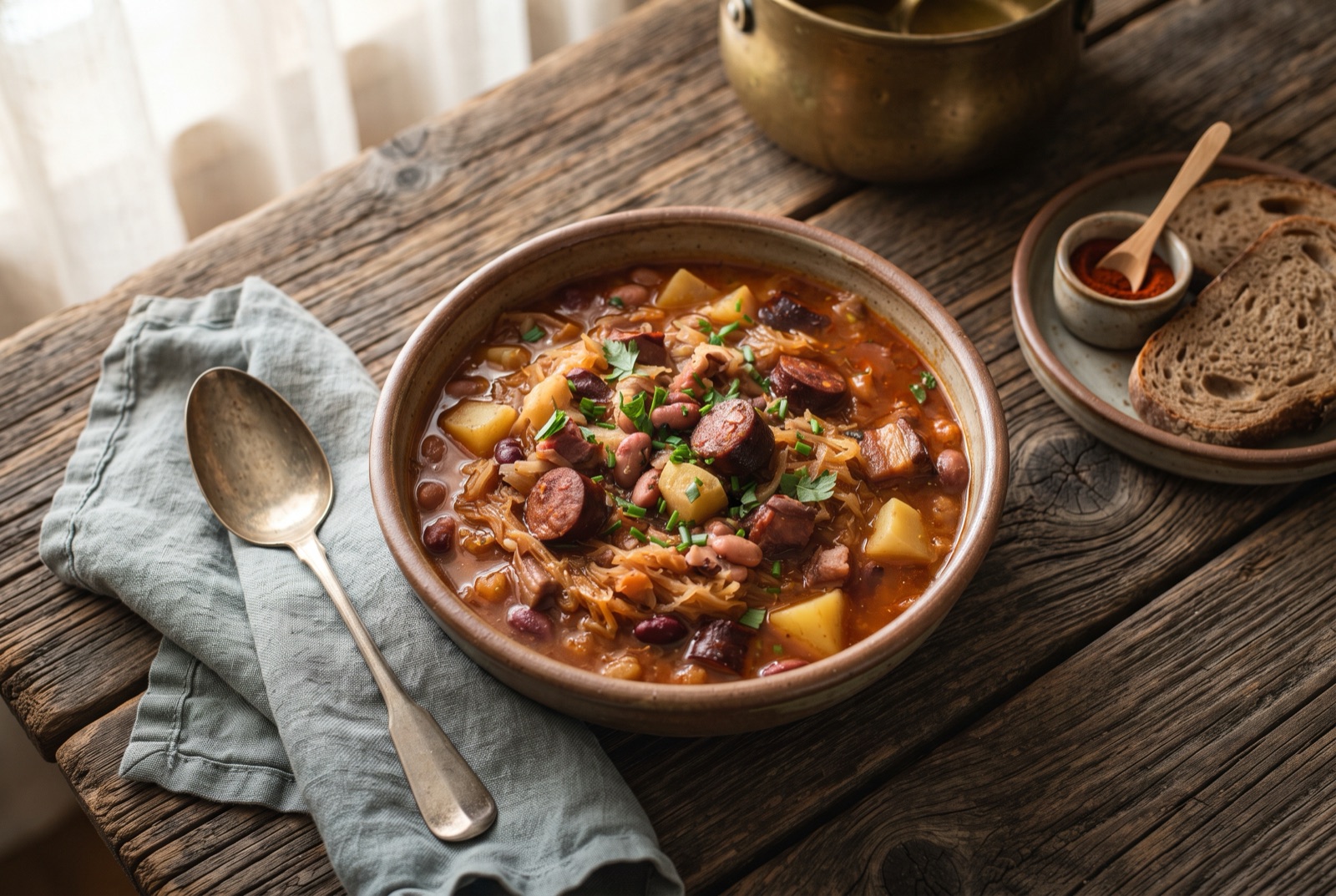 Thick bowl of jota stew with borlotti beans, sauerkraut, potato and shredded smoked pork