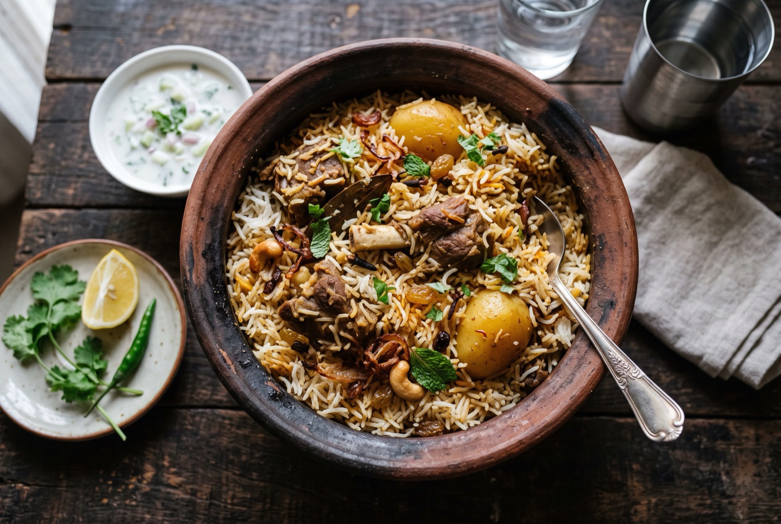 Open pot of Dhaka kacchi biryani showing saffron-streaked rice, bone-in mutton and a whole yellow potato