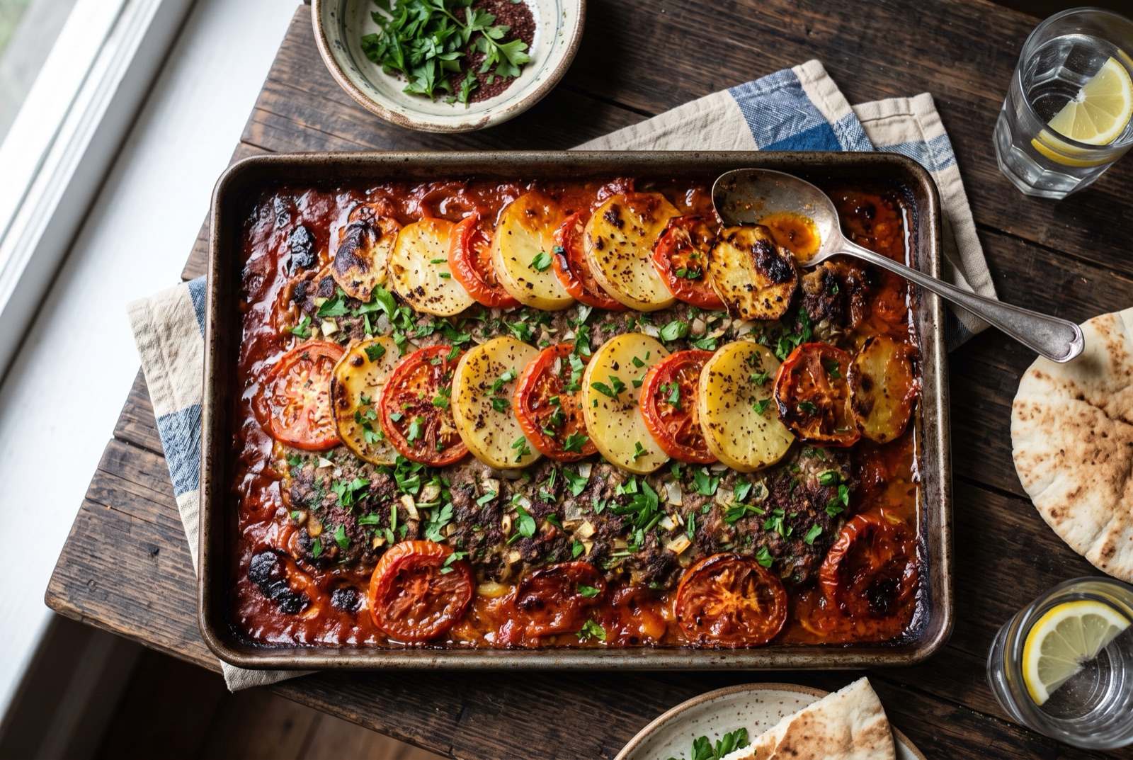 Baking tray of Lebanese kafta layered with overlapping potato and tomato slices in dark tomato sauce