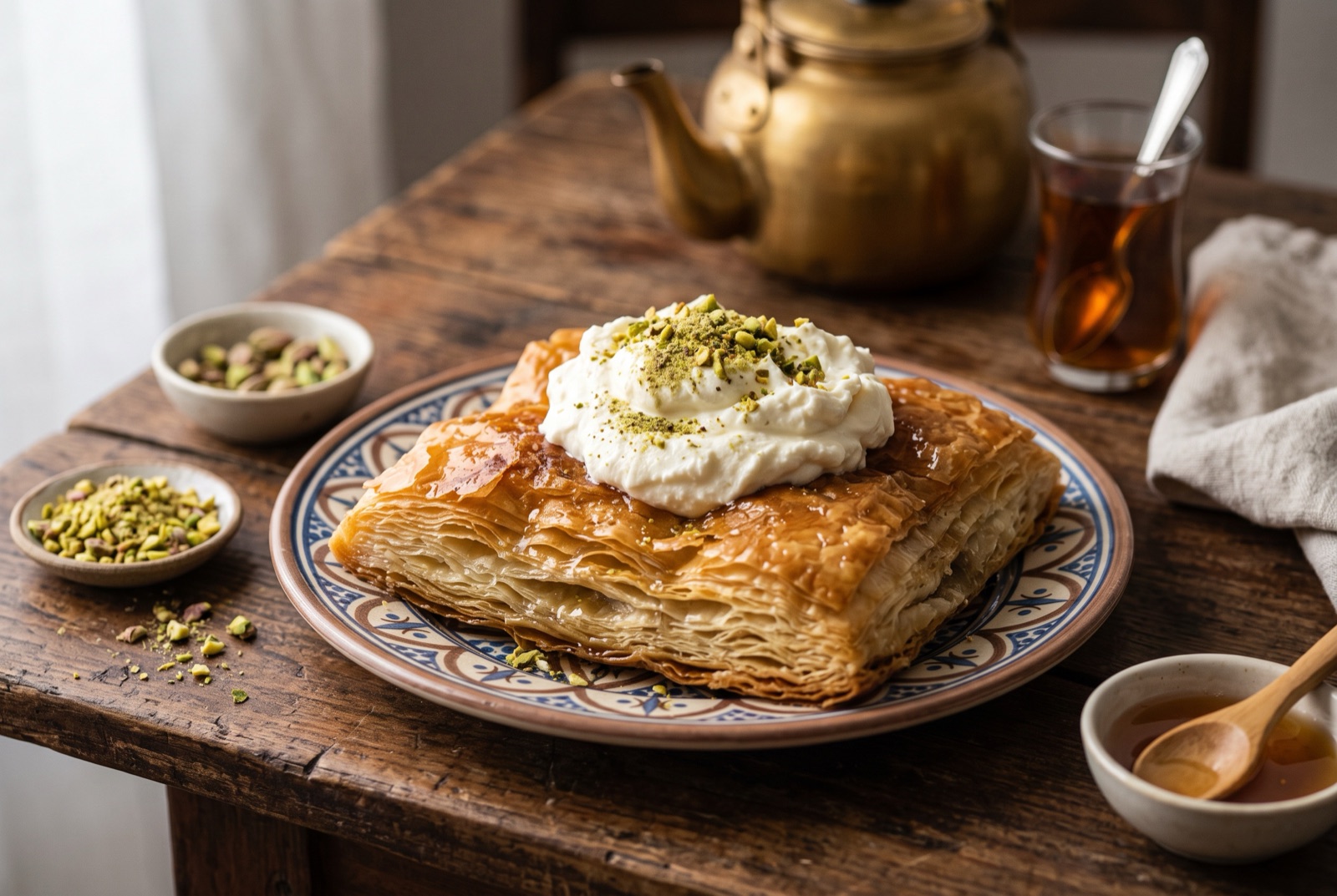 Golden layered kahi pastry glistening with syrup, topped with a thick slab of pale clotted geymar cream