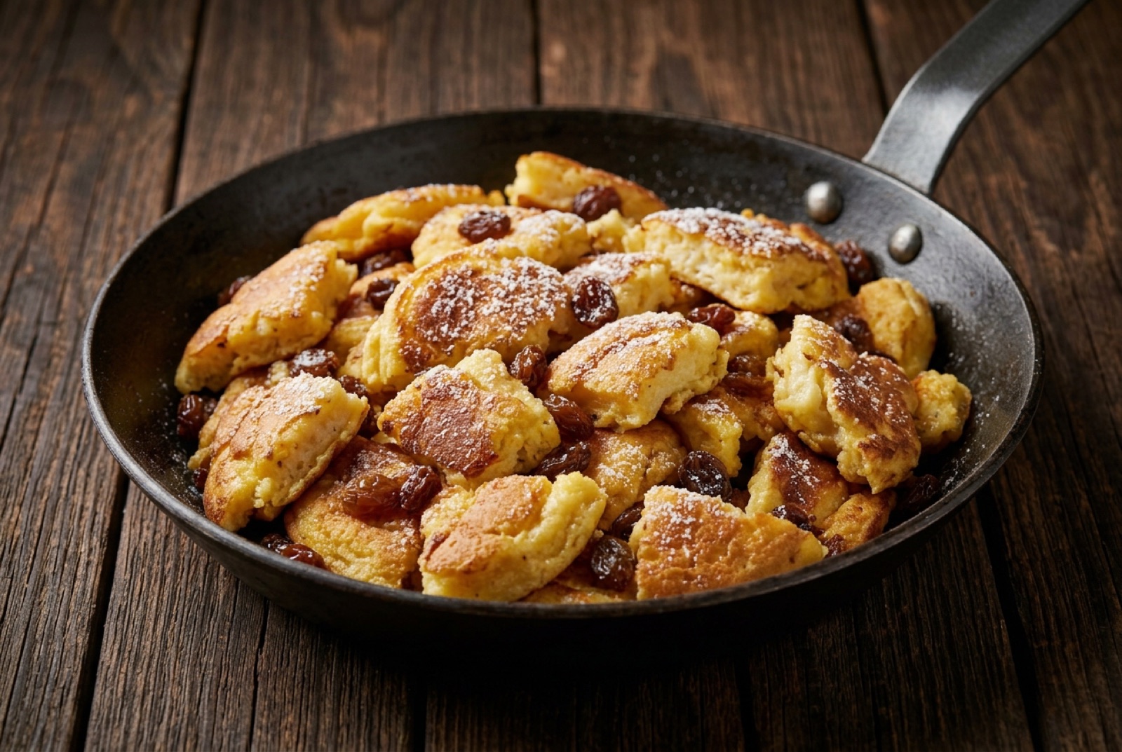 Torn caramelised Kaiserschmarrn pancake pieces dusted with icing sugar beside dark plum compote
