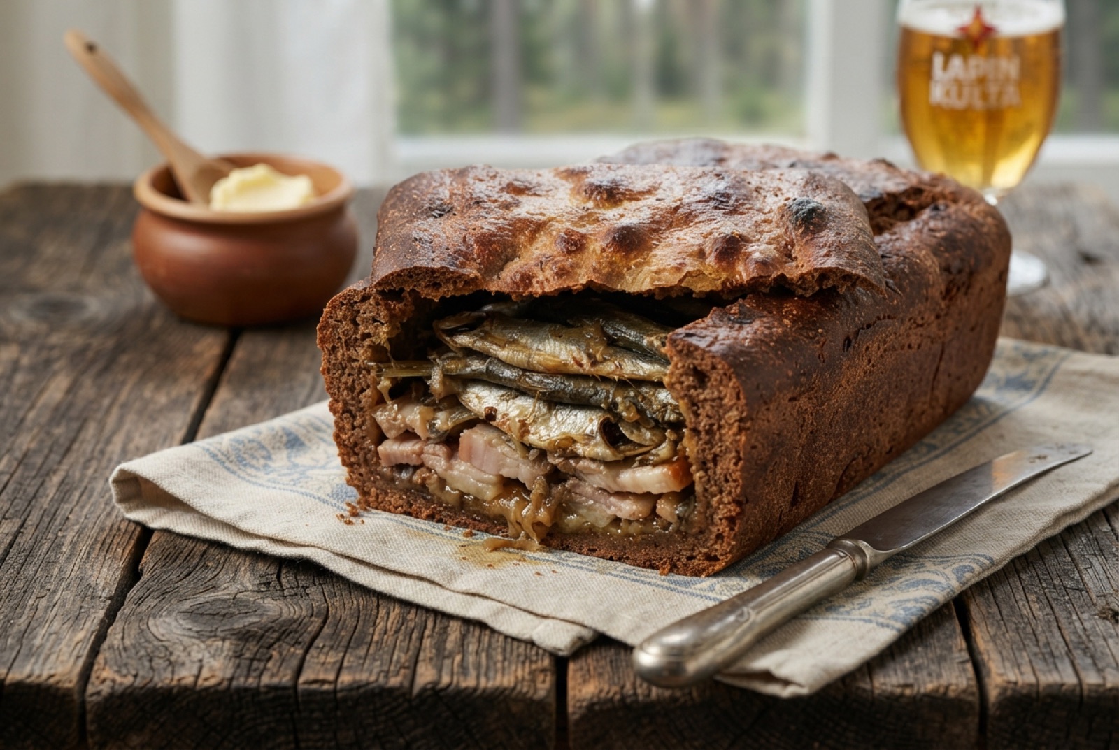 Kalakukko loaf with its dark rye crust cut open to show layers of small fish and pork belly inside