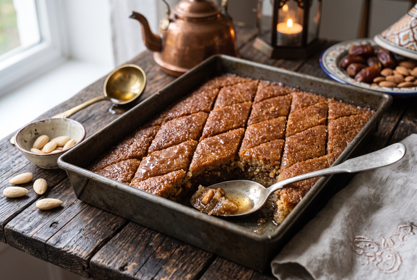 Tray of Algerian kalb el louz cut into golden syrup-soaked diamonds, each topped with a whole blanched almond
