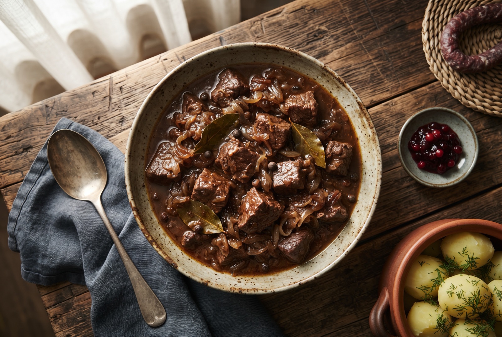 Swedish kalops beef stew with onions and whole allspice berries beside boiled potatoes and pickled beetroot