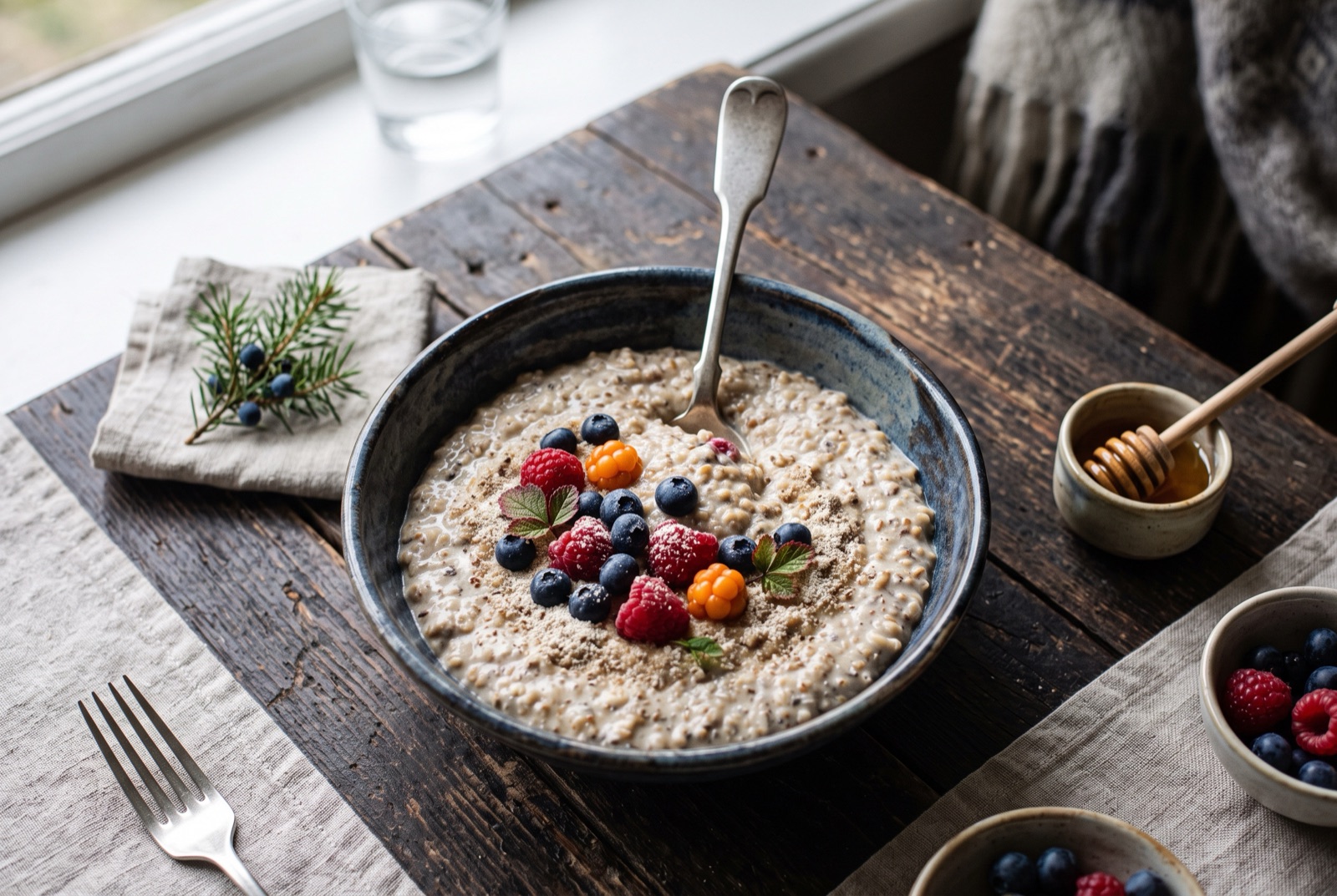 Bowl of thick pale brown Estonian kama porridge topped with fresh lingonberries and a drizzle of honey