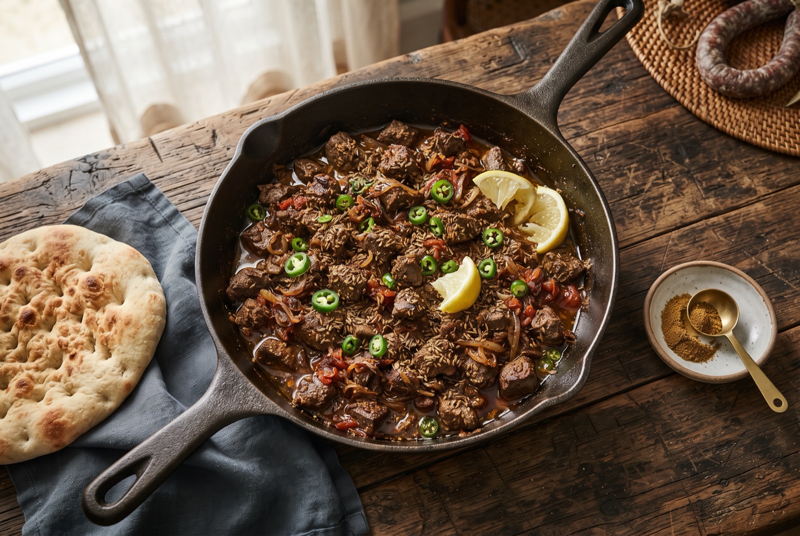 Dark browned pieces of cumin-coated lamb liver and lung in a steel pan with chilli and lemon
