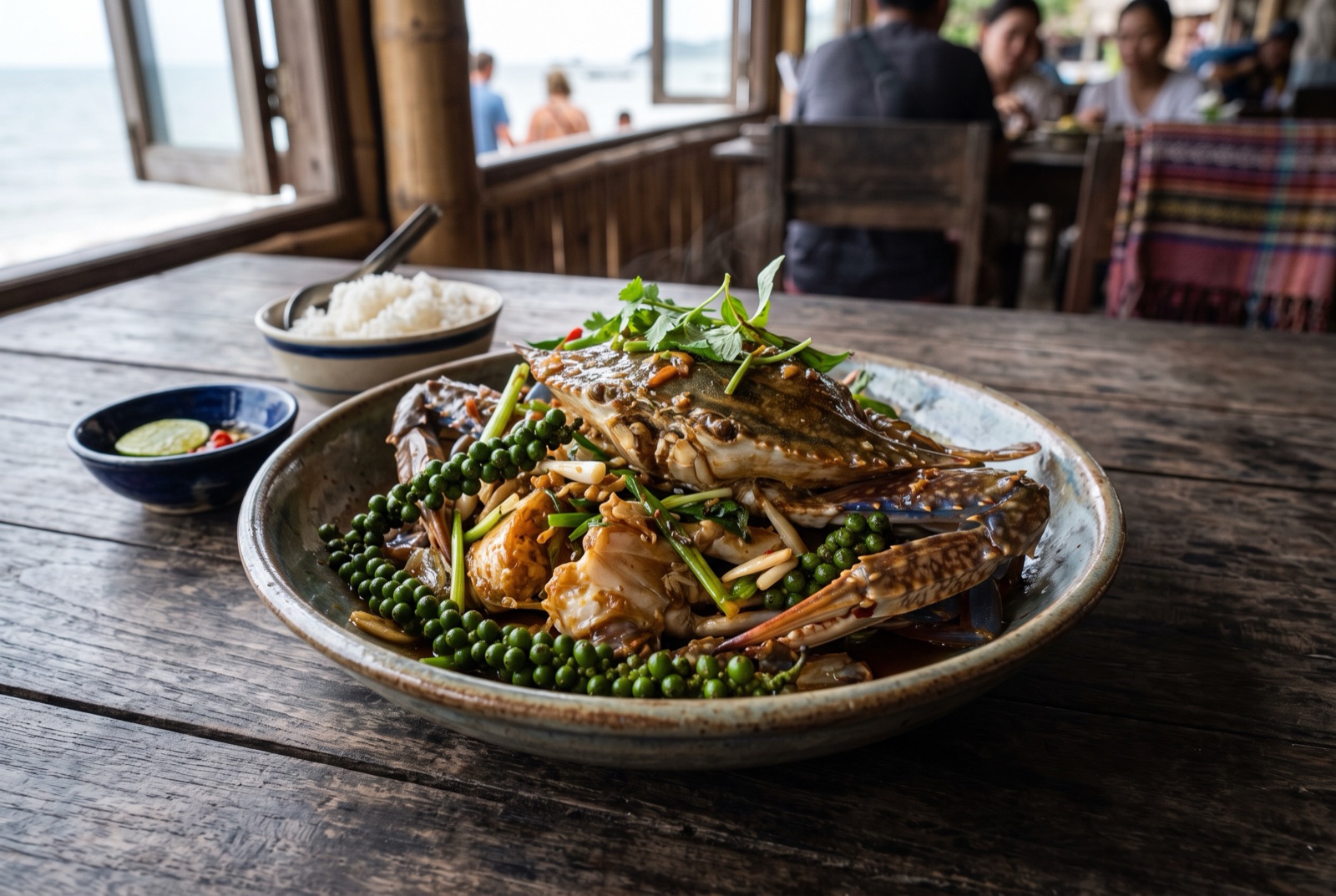 Cracked crab pieces glazed in a dark sauce with whole stems of fresh green peppercorns and scallions