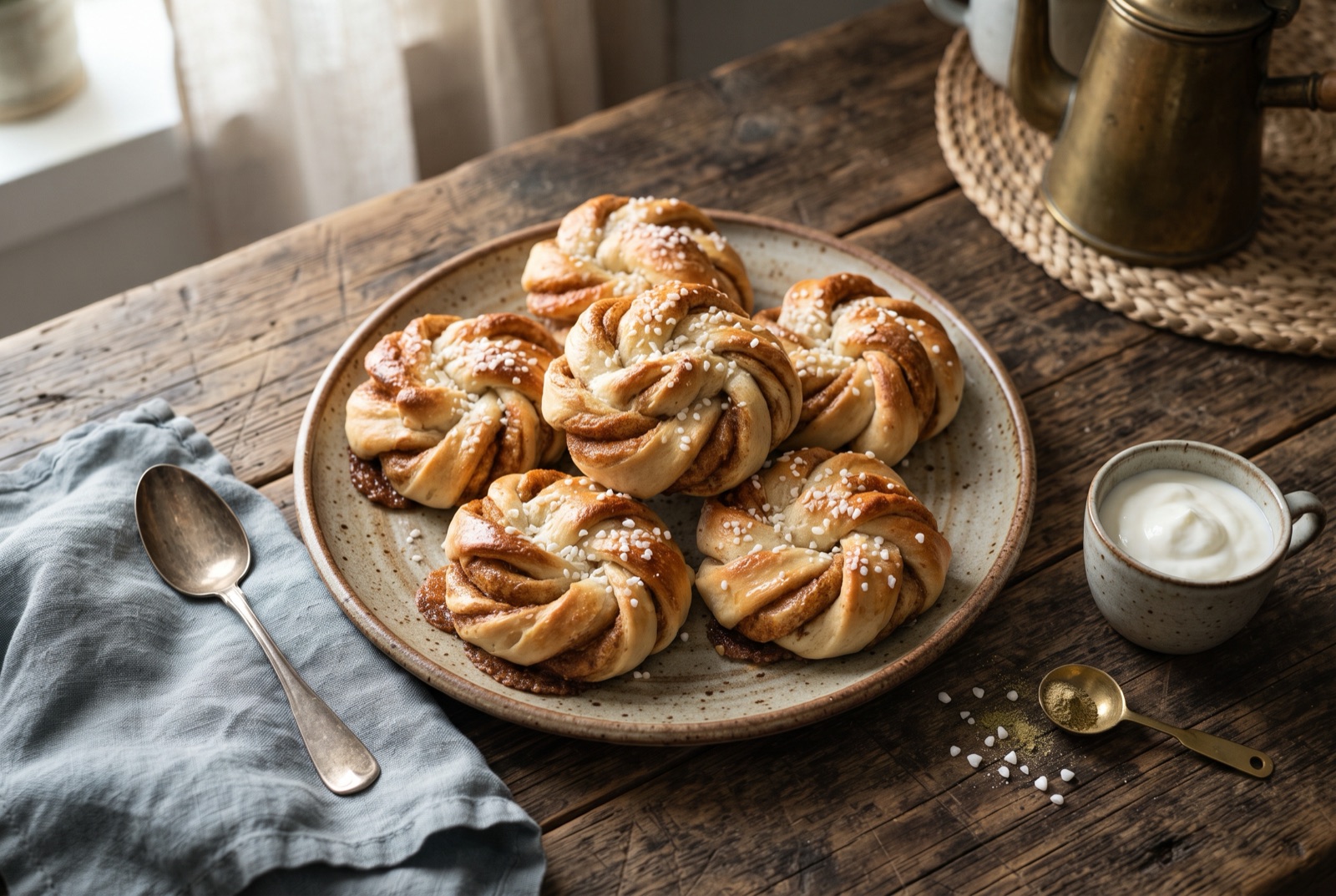 Knotted Swedish cinnamon buns topped with pearl sugar, golden brown and cooling on a rack