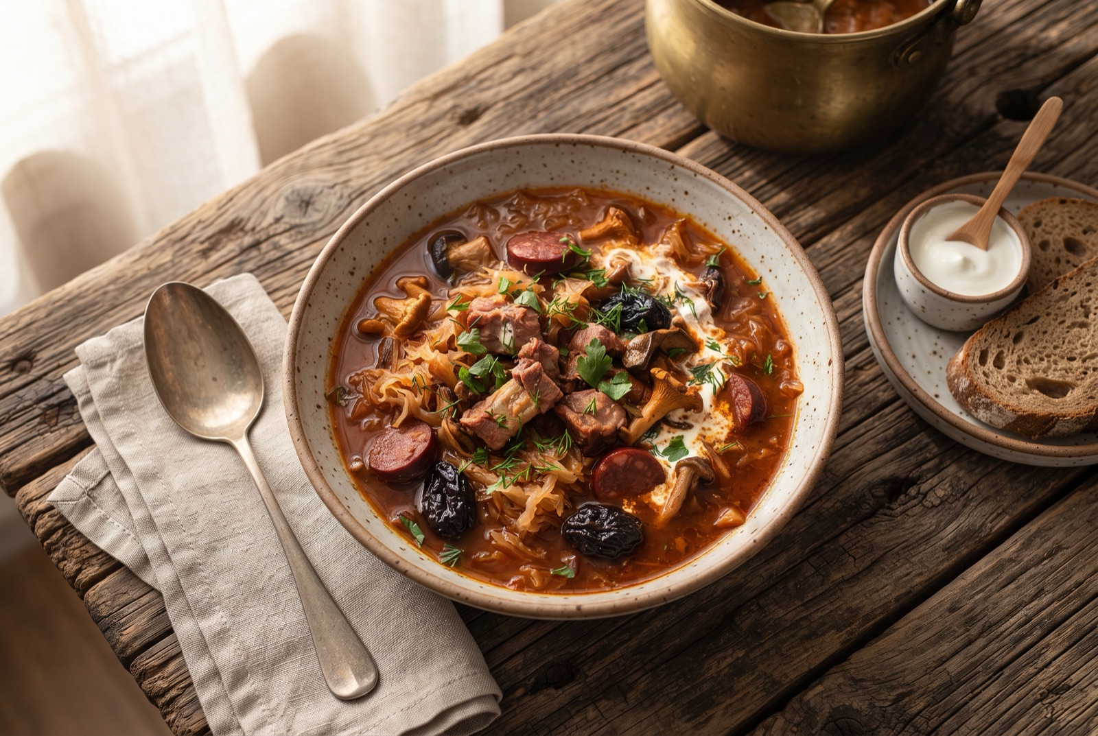 Bowl of Slovak sauerkraut soup with smoked sausage slices, mushrooms and a swirl of soured cream