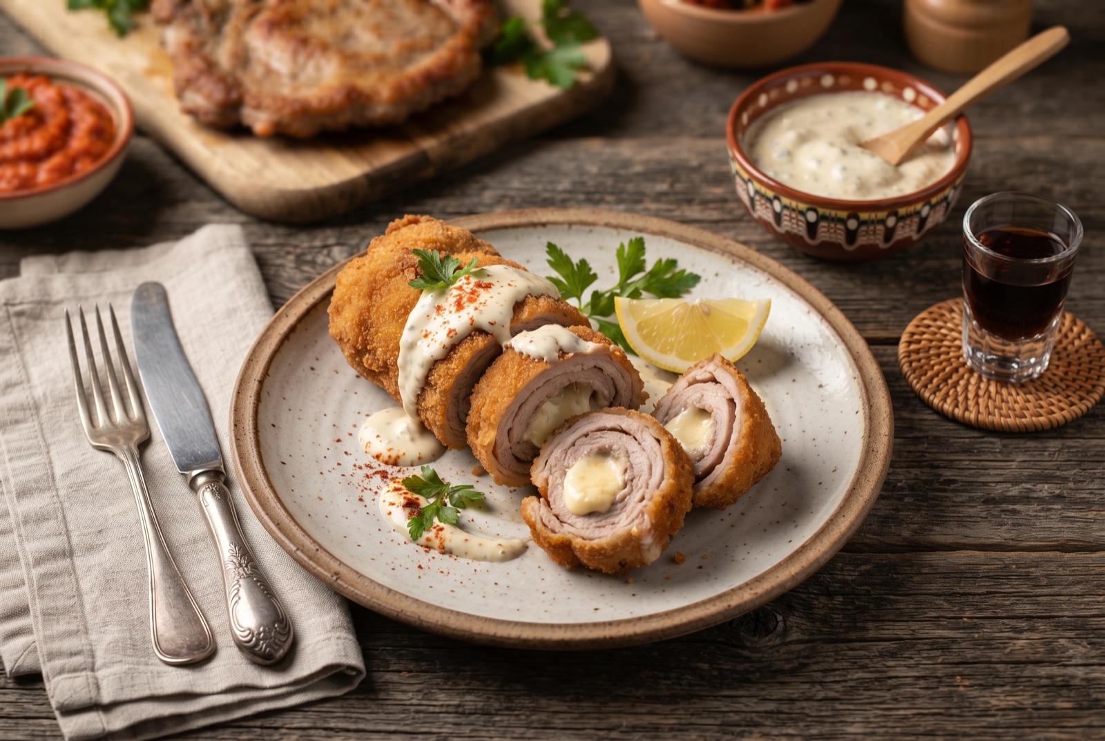 Sliced Karadjordjeva snicla showing a golden breaded veal roll with melting kajmak in the centre, tartar sauce alongside