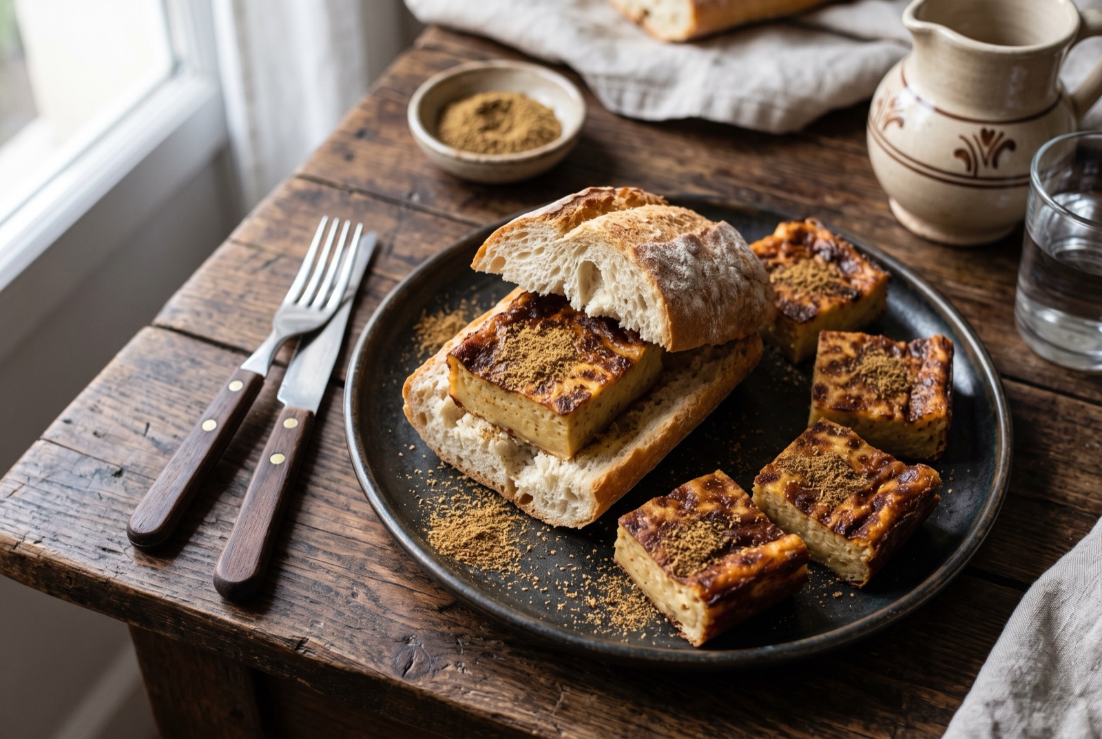 Squares of Algerian karantika, golden-topped chickpea flour flan dusted with cumin and served with harissa and bread