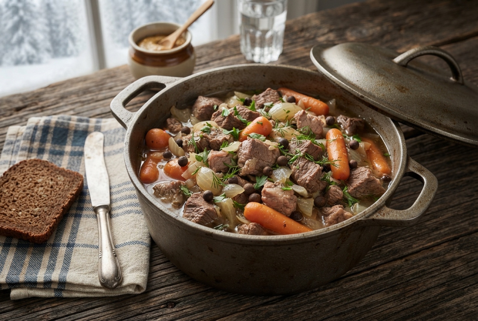 Karelian oven stew in a heavy pot, tender cubes of pork, beef and lamb with onion, carrot and whole allspice