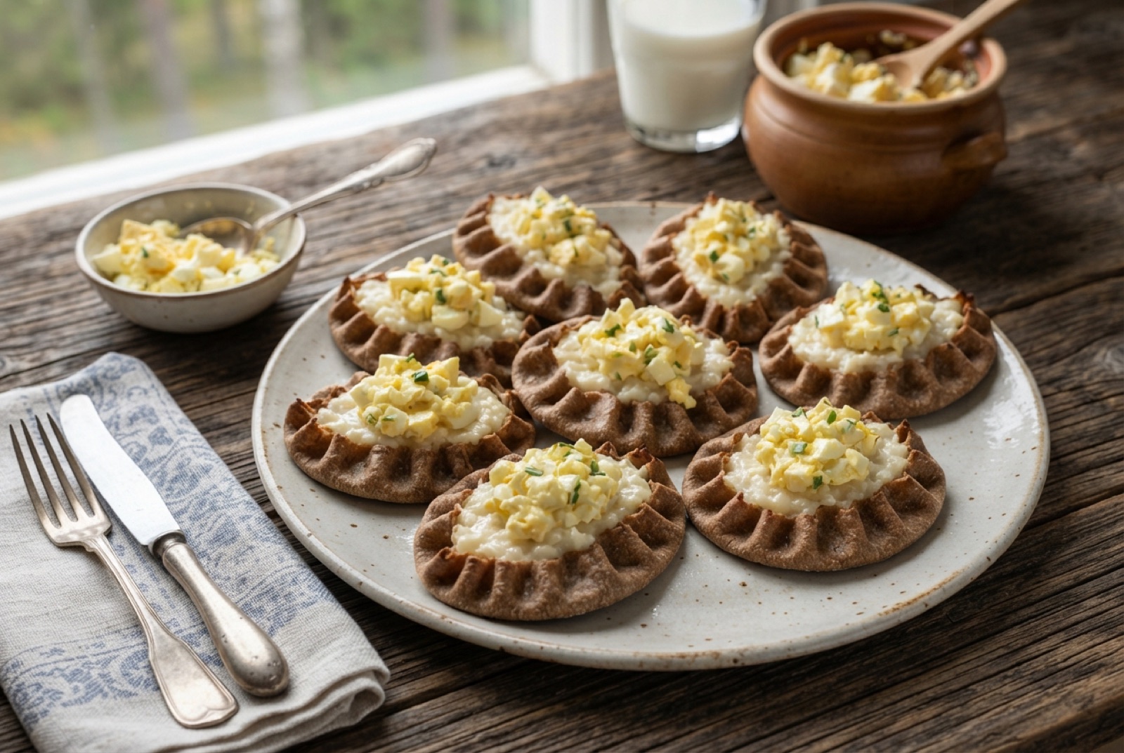 Hand-crimped Karelian rye pies filled with rice porridge, topped with chopped egg butter