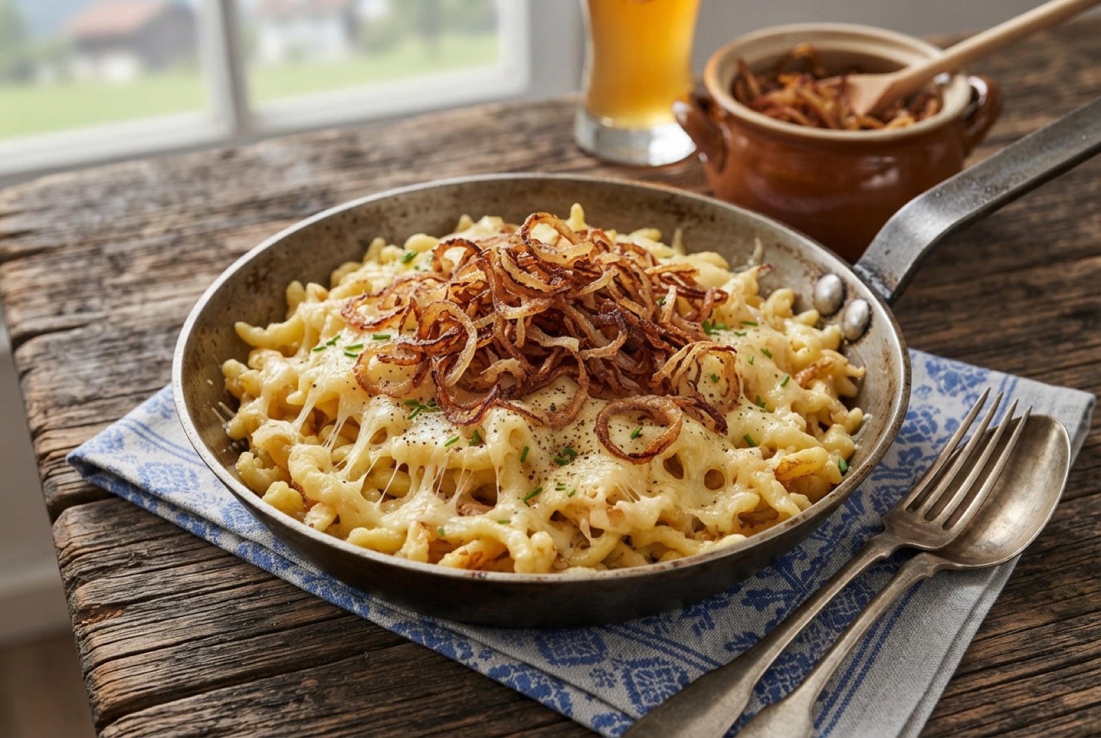 Käsespätzle in a dish with melted mountain cheese pulling into strings under a pile of dark fried onions