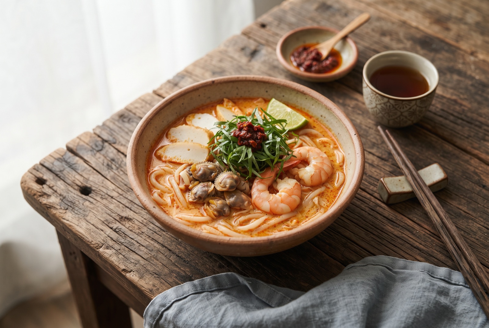 Bowl of orange coconut laksa gravy with short-cut rice noodles, prawns, fish cake slices and shredded laksa leaf