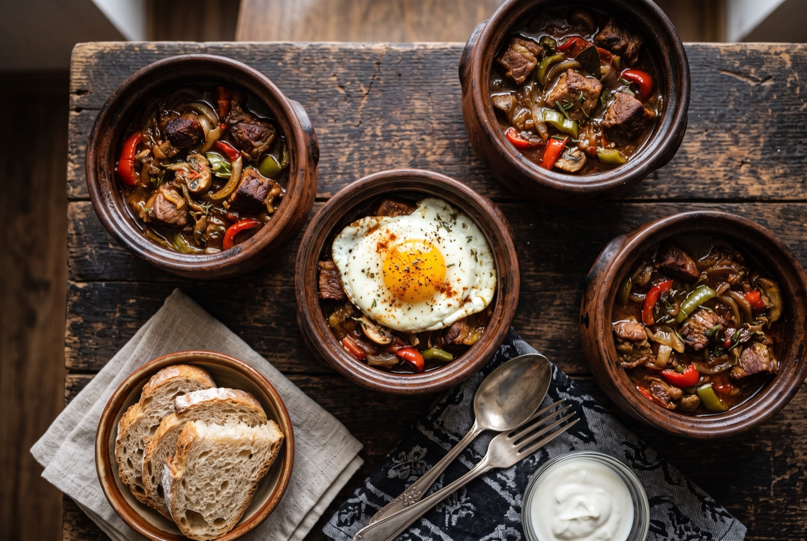 Small clay pot of Bulgarian kavarma with braised pork, red peppers and mushrooms under a softly set egg
