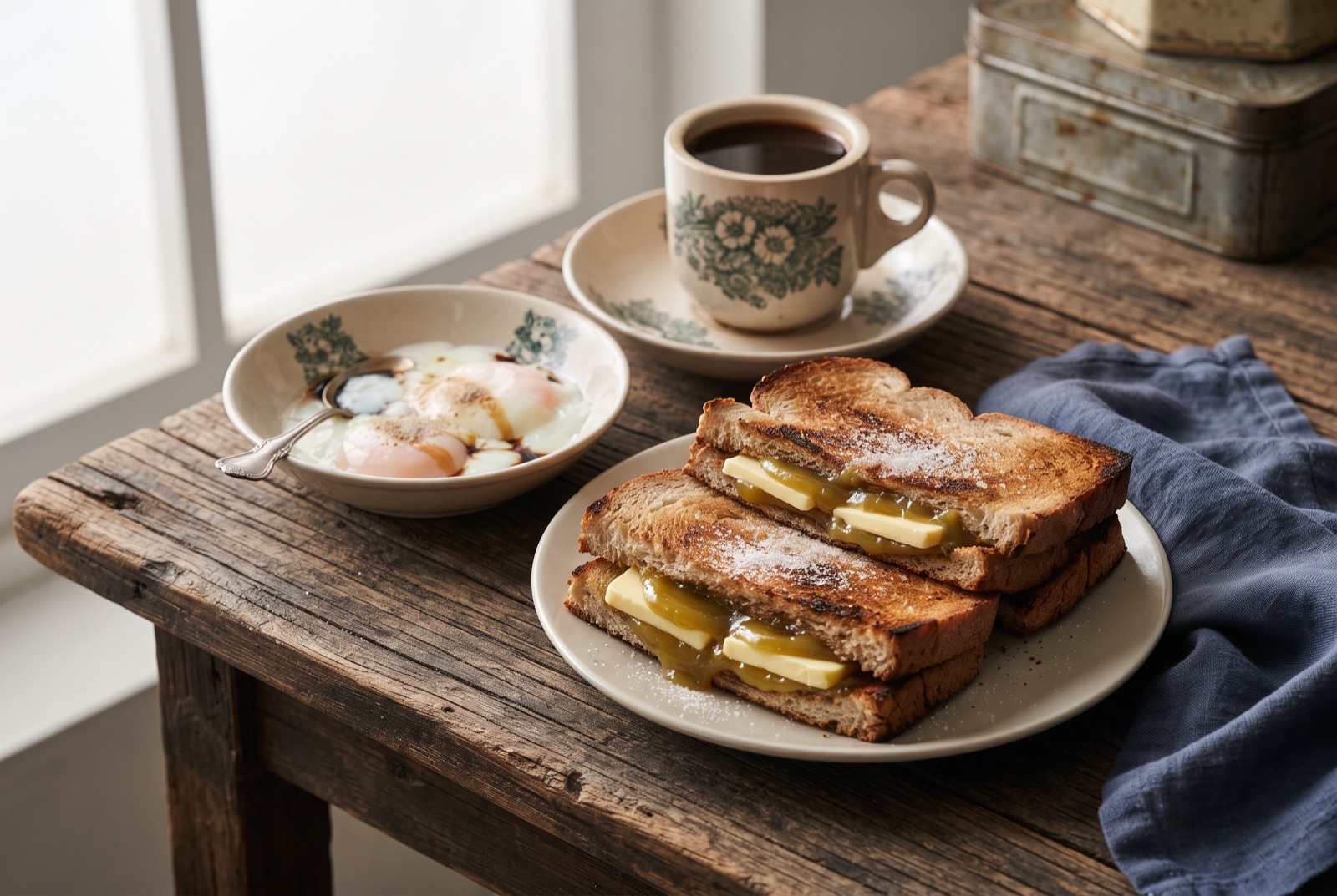 Crisp toast fingers filled with dark coconut kaya jam and thick butter slabs beside a dish of runny soft-boiled eggs