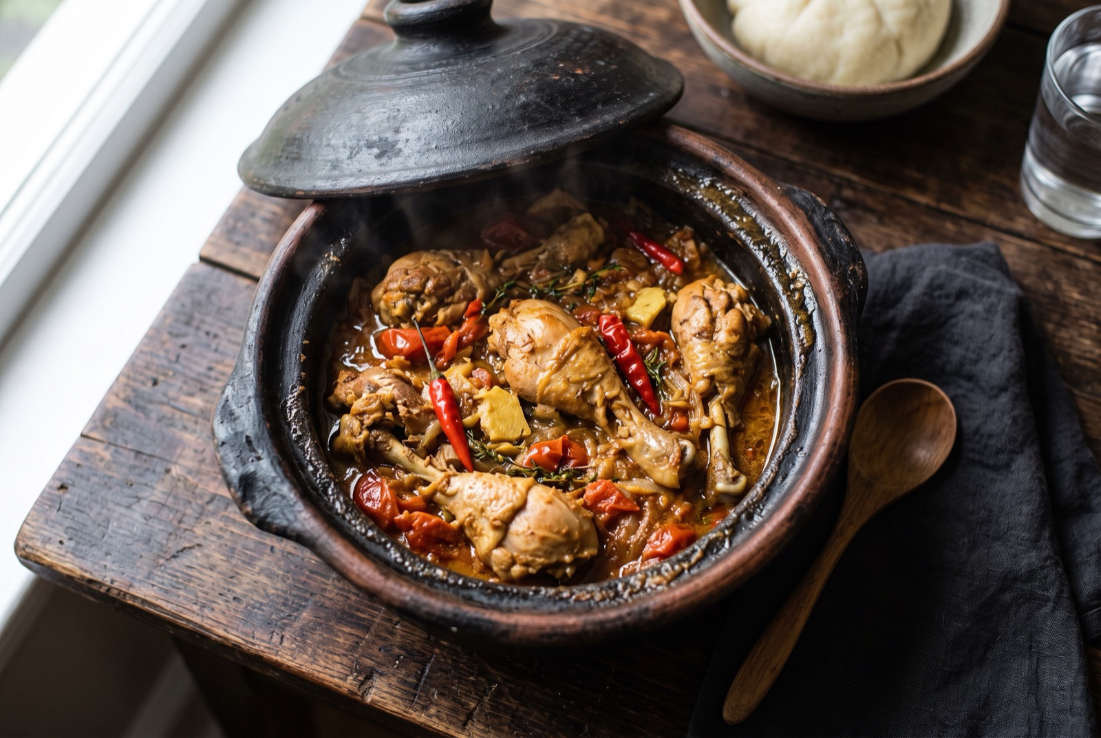 Bone-in chicken pieces in a clay pot with collapsed tomato, onion wedges and a whole red chilli