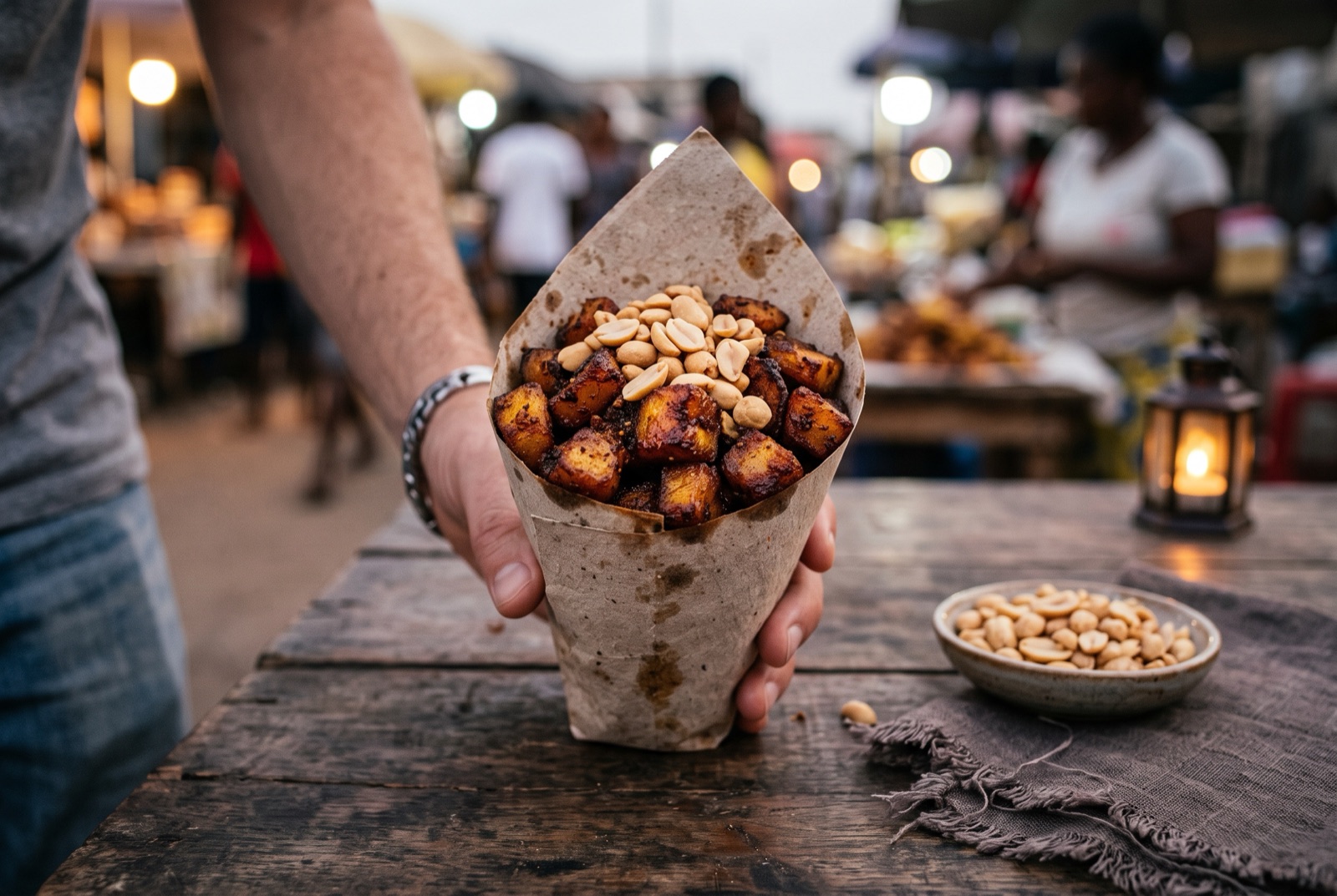 Paper cone of dark caramelised Ghanaian kelewele plantain cubes topped with roasted groundnuts